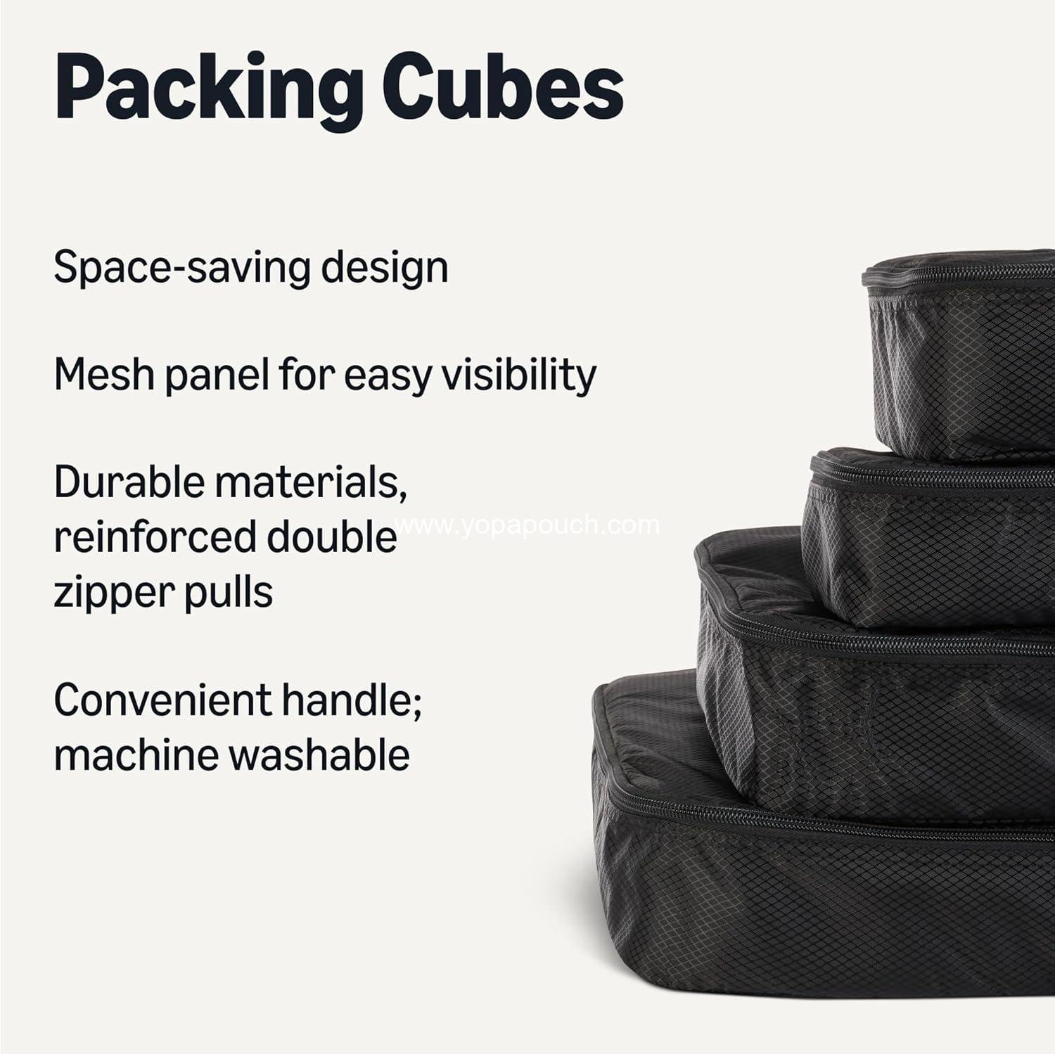 Wholesale 4-Piece Packing Cubes Travel Accessories Set, Luggage Organizer with Double Zipper, Mesh Top, 100% Polyester in Small, Medium, Large, and Slim Sizes, Black - Supplier