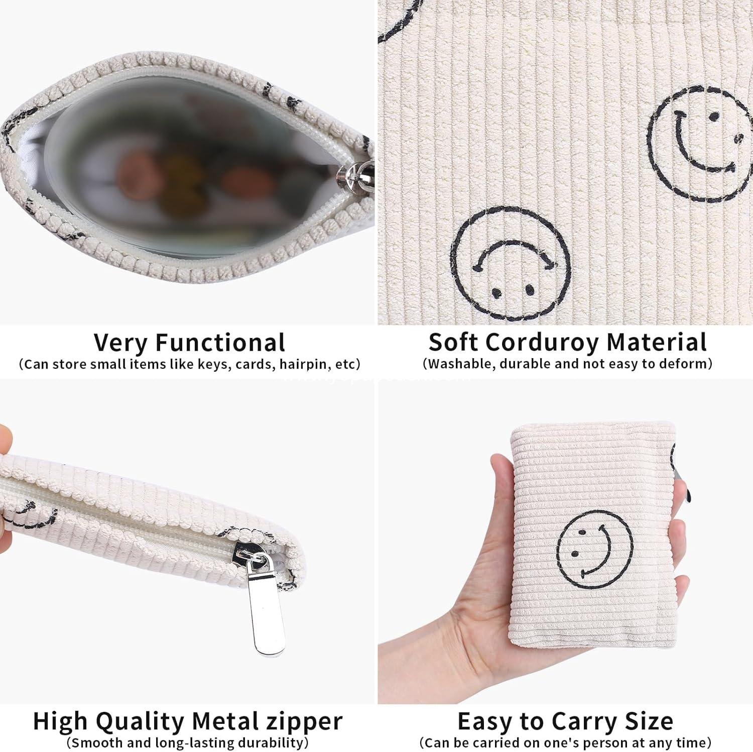 Wholesale Mini Cute Smiley Face Coin Purse - 2 Pack Soft Corduroy Zipper Pouch for Pocket, Small Change Holder for Women, Credit Card, Key, Lipstick - Supplier