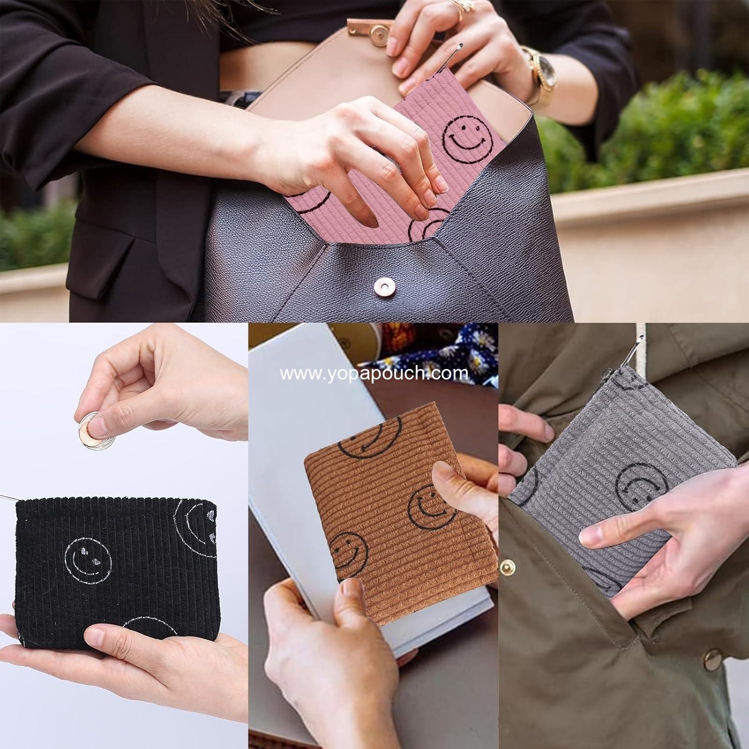 Wholesale Mini Cute Smiley Face Coin Purse - 2 Pack Soft Corduroy Zipper Pouch for Pocket, Small Change Holder for Women, Credit Card, Key, Lipstick - Supplier