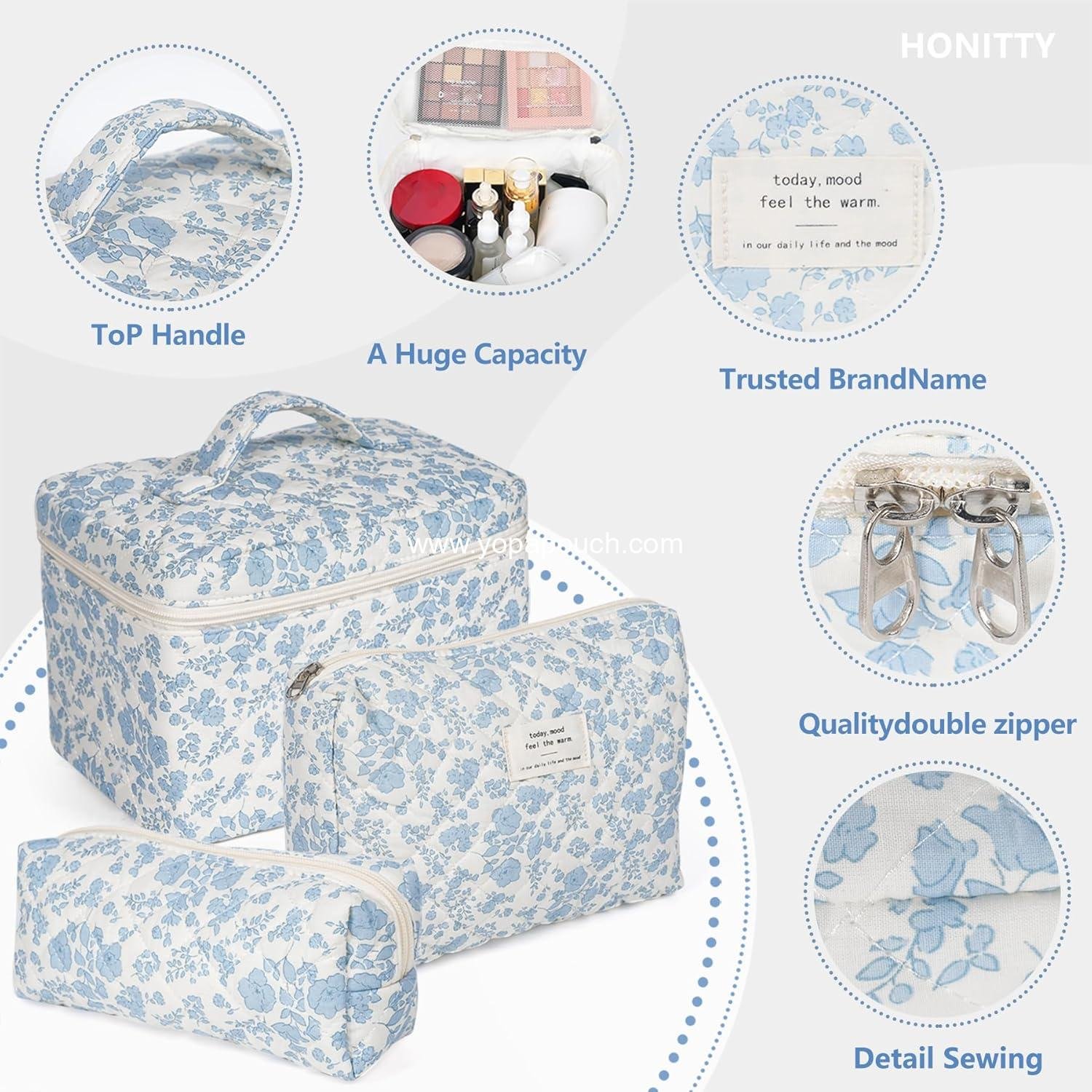 Wholesale Quilted Cosmetic Bag, Large Floral Makeup Bag for Women, Cotton Travel Toiletry Set, Flower Design - Manufacturer