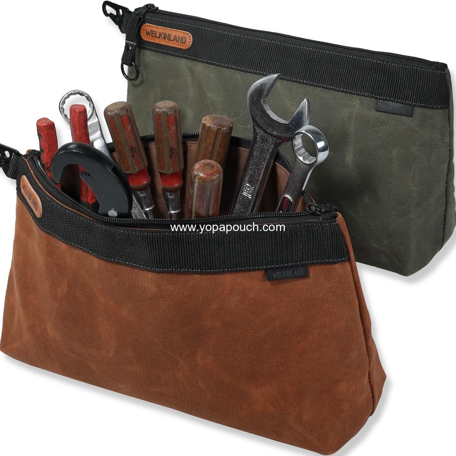 WELKINLAND 2-Pack Heavy-Duty Waxed Canvas Tool Pouches, 14-Inch Zippered Tool Organizer Pouches with Water-Resistant Coating and Durable Canvas Construction