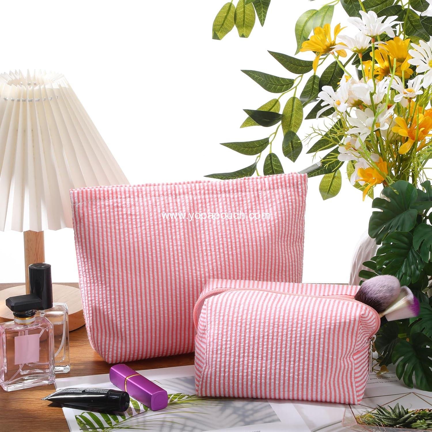 Wholesale 2-Piece Cute Makeup Bag Set - Seersucker Travel Toiletry Pouch for Women, Preppy Small Makeup Purse, Aesthetic Skincare Organizer for Christmas (Rose Pink) - Supplier