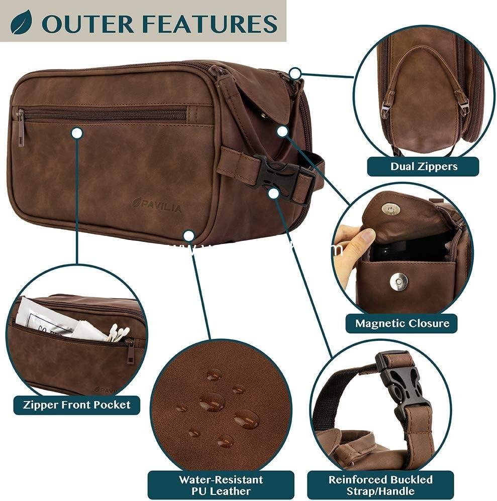 OEM Travel Toiletry Bag for Men, Water-Resistant Dopp Kit, Grooming Organizer Case, PU Leather Cosmetic Pouch (Dark Brown) - Supplier