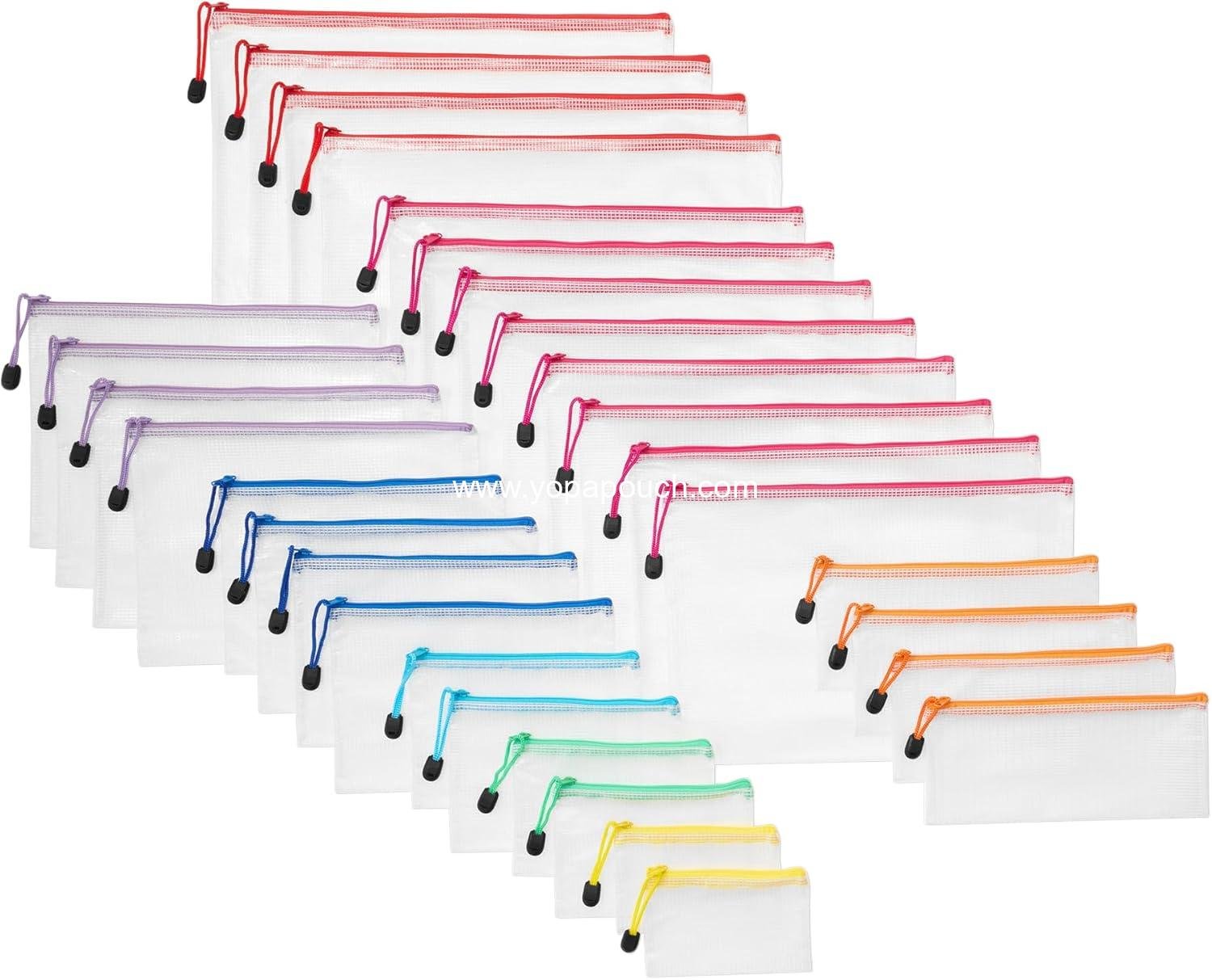 Amazon Basics 30-Pack Mesh Zipper Pouch Bags, 8 Sizes Waterproof Storage Organizers with Zipper, Multipurpose Clear Travel Document Bags for Office Home School Organization (8 Assorted Colors)