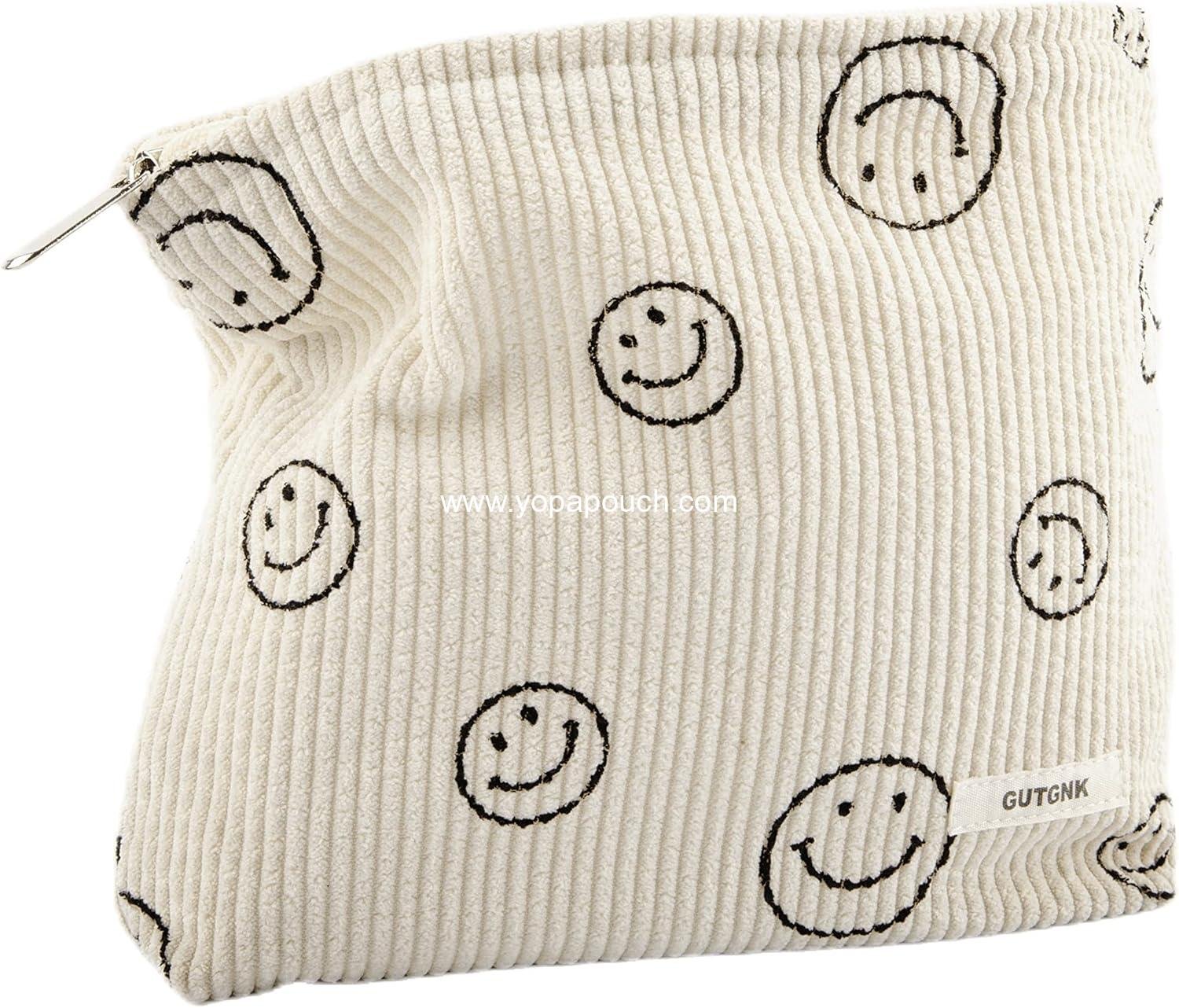 Makeup Bag For Women - Corduroy Cosmetic Bags Aesthetic Design Ladies Tote pouch Women's Pencil Case,Cute Smiley Face Makeup Organizer with Zipper (Beige)