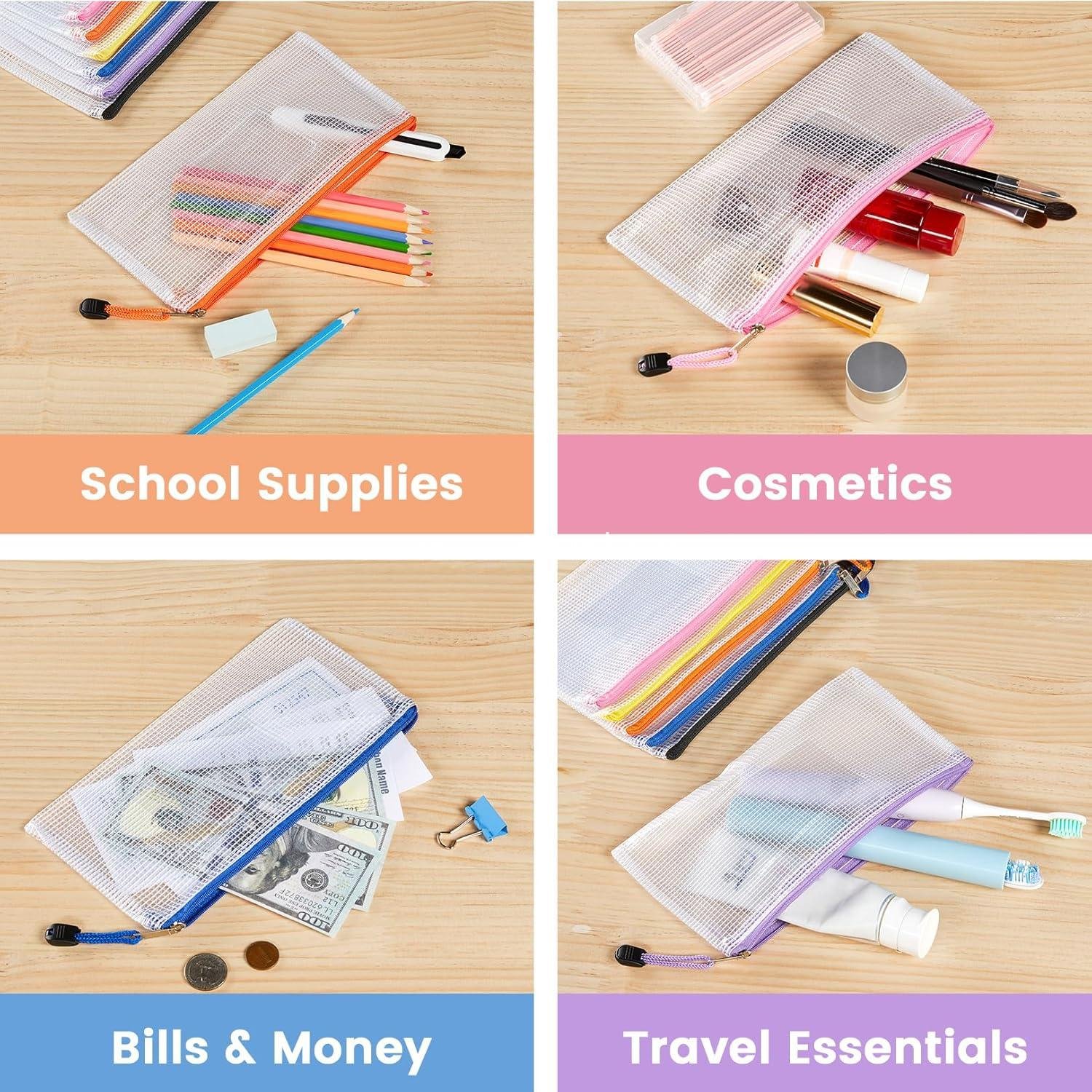 Wholesale 24 Pack Mesh Zipper Pouch Bags with Label Pocket, A6 (9.1×4.7 in) Small Pencil Cases for Organizing, Clear Plastic Pouches for School Supplies Storage, Money Envelopes for Cash, Manufacturer