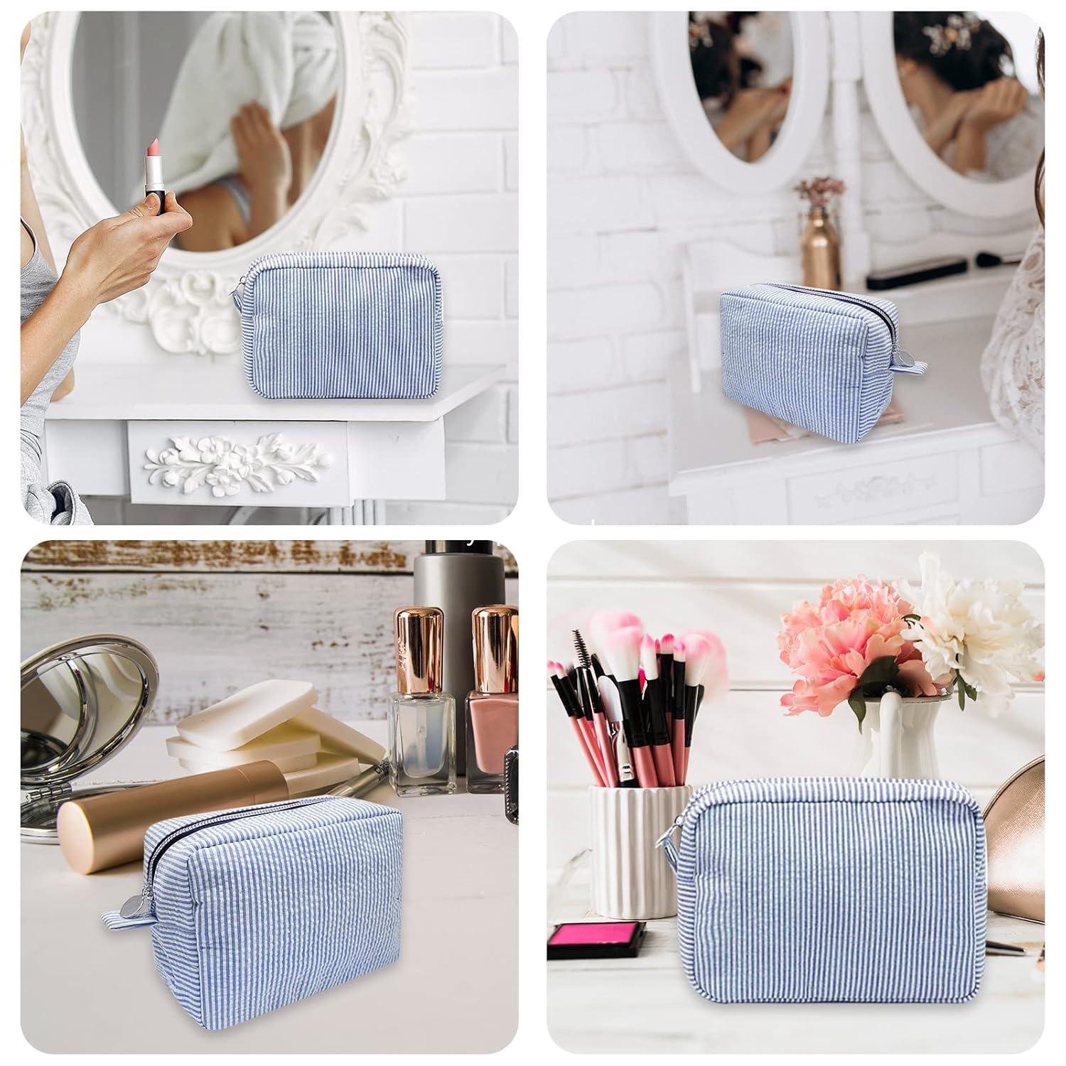 Wholesale Large Seersucker Makeup Bag for Women, Cute Lightweight Toiletry Organizer Pouch for Girls and Moms Gifts, Aesthetic Cosmetic Storage Supplier Wholesale Large Seersucker Makeup Bag for Women, Cute Lightweight Toiletry Organizer Pouch for Girls and Moms Gifts, Aesthetic Cosmetic Storage Supplier