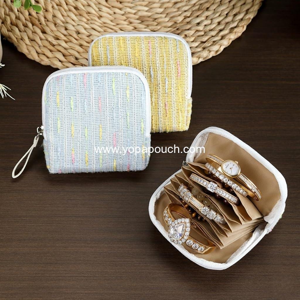 OEM Small Travel Jewelry Case - Tweed Organizer Pouch for Bracelets, Earrings & Necklaces, Soft Anti-Scratch Holder for Women, Portable Gift (Yellow) Supplier