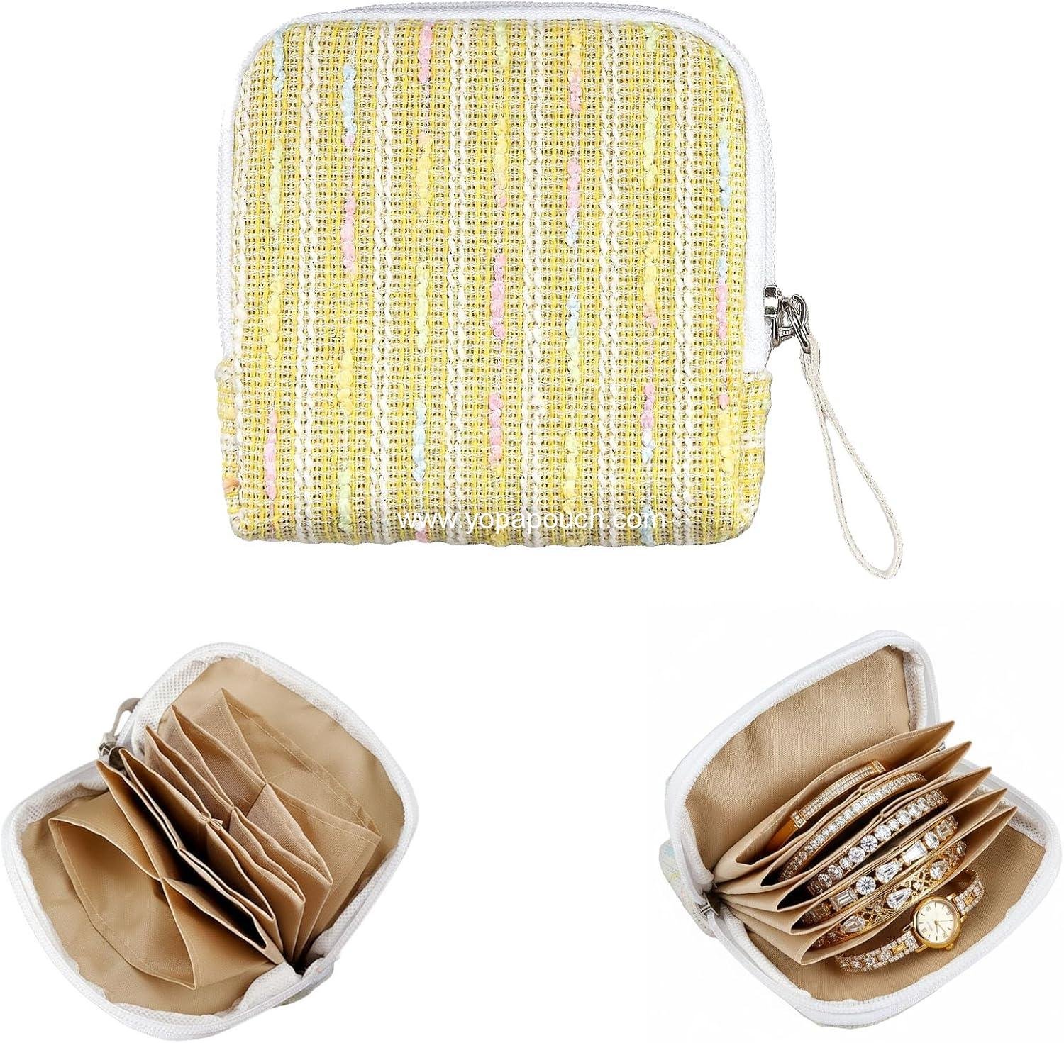 Small Travel Jewelry Case, Tweed Jewelry Organizer Pouch for Bracelets, Earrings & Necklaces, Soft Anti-Scratch Jewelry Bag Holder for Women, Portable Travel Gift (Yellow)