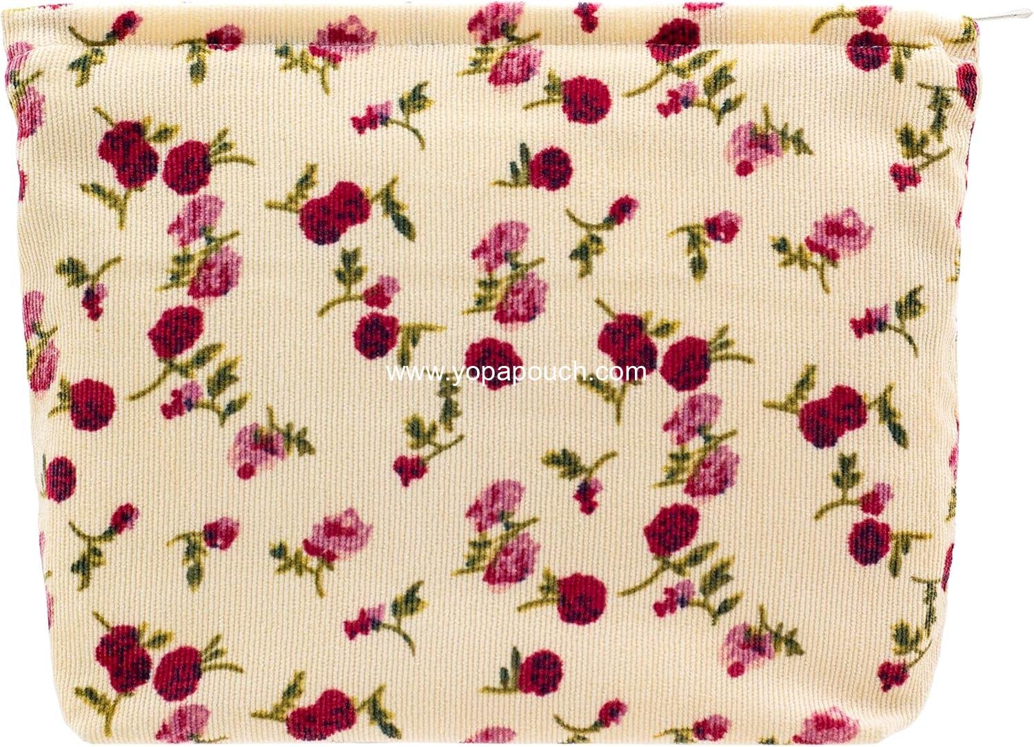 Wholesale Large Zipper Corduroy Makeup Bag Pouch for Travel Canvas Cosmetic Organizer for Women Brush Storage Vintage Rose Beige Supplier