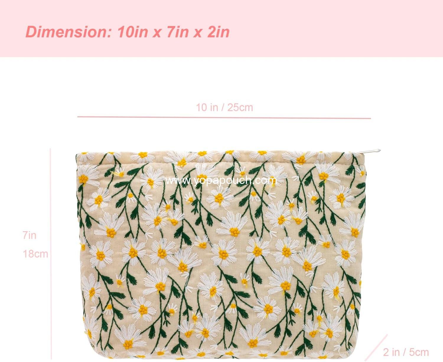 Wholesale Large Canvas Makeup Bags for Purse - Zipper Cosmetic Organizer Pouch for Women and Girls, Daisy White Supplier