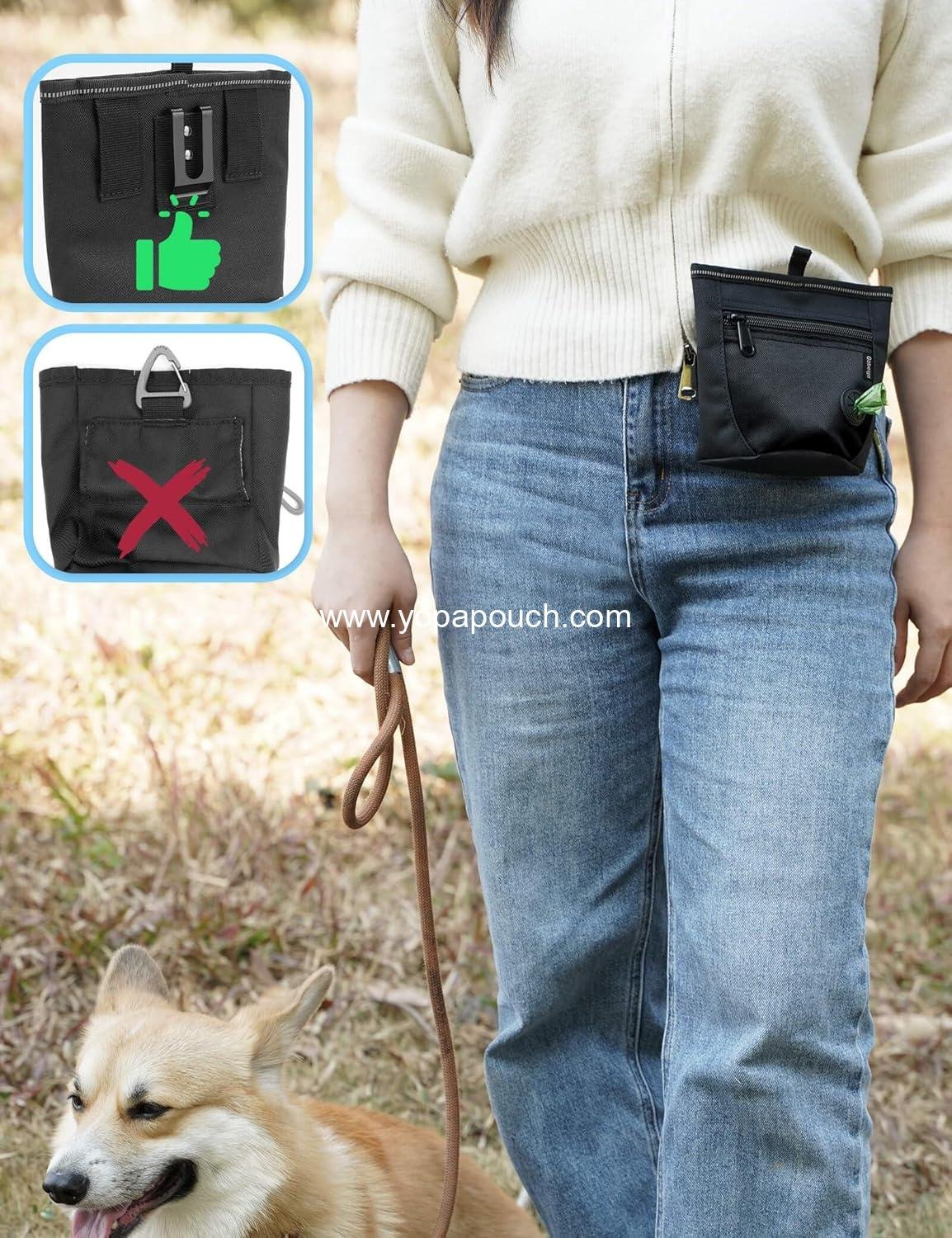 OEM Dog Treat Pouch with Training Clicker, Upgraded Magnetic Closure to Prevent Spills, 2 Cup Capacity, Poop Bag Dispenser, Metal Clip Waist Belt Fanny Pack for Pet Walk (Black) Supplier