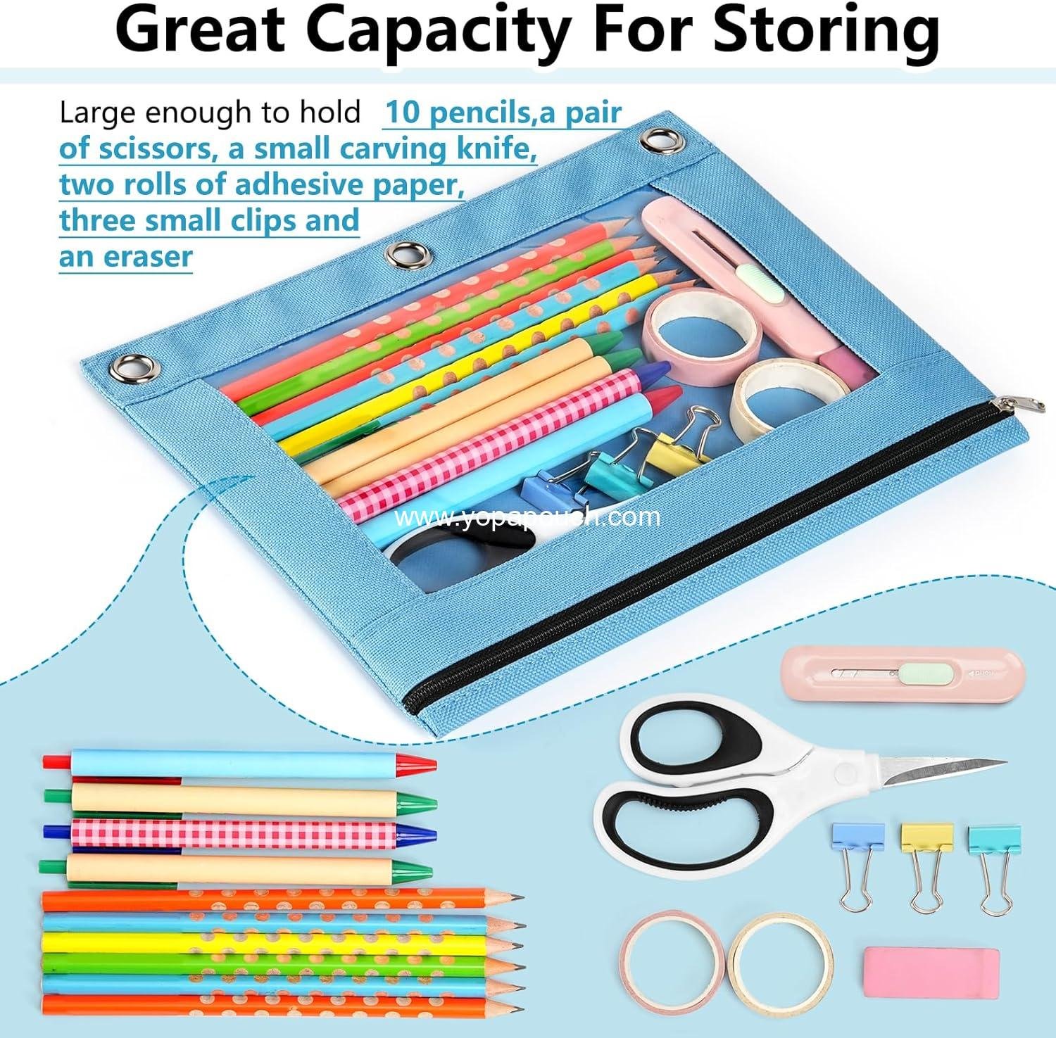Wholesale Binder Pencil Case with Smooth Zipper and Clear Window, Large Capacity Pencil Pouch for 3 Ring Binders, 3 Reinforced Grommets, Pink, Factory Wholesale Binder Pencil Case with Smooth Zipper and Clear Window, Large Capacity Pencil Pouch for 3 Ring Binders, 3 Reinforced Grommets, Pink, Factory