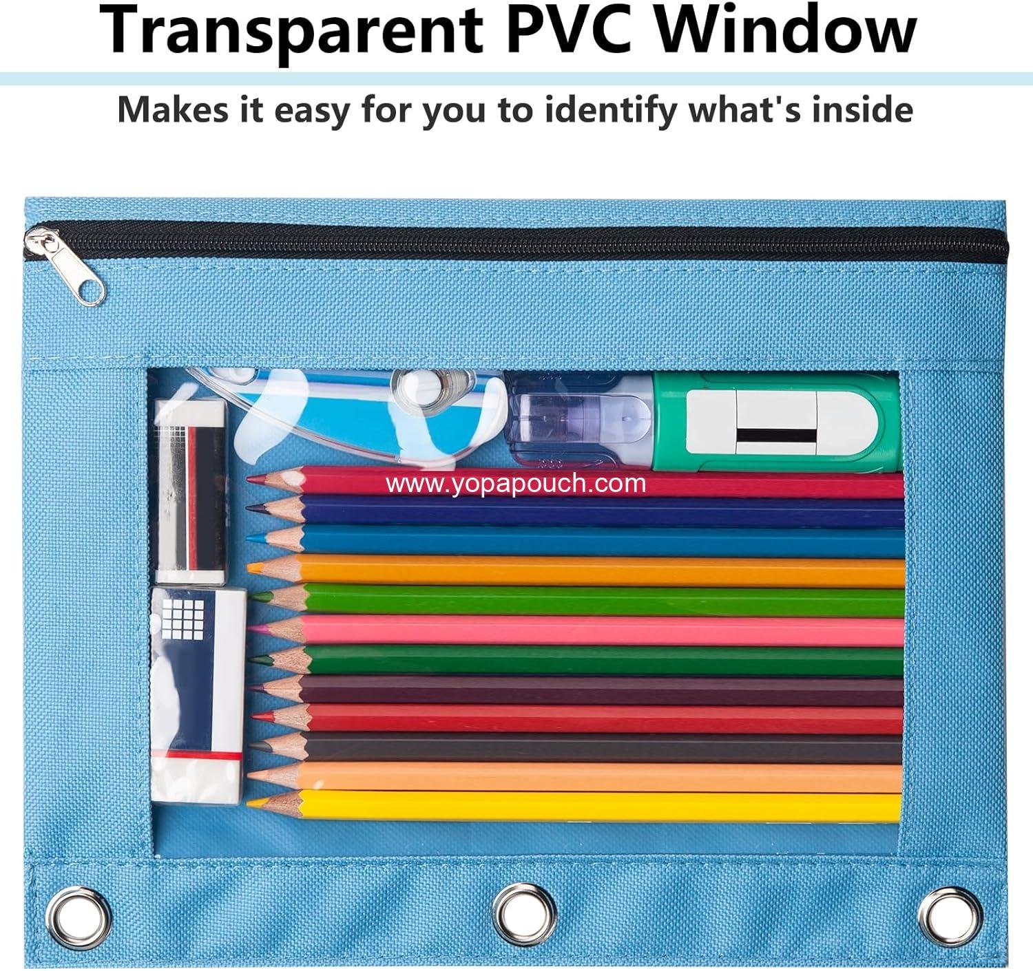 Wholesale Binder Pencil Case with Smooth Zipper and Clear Window, Large Capacity Pencil Pouch for 3 Ring Binders, 3 Reinforced Grommets, Pink, Factory Wholesale Binder Pencil Case with Smooth Zipper and Clear Window, Large Capacity Pencil Pouch for 3 Ring Binders, 3 Reinforced Grommets, Pink, Factory