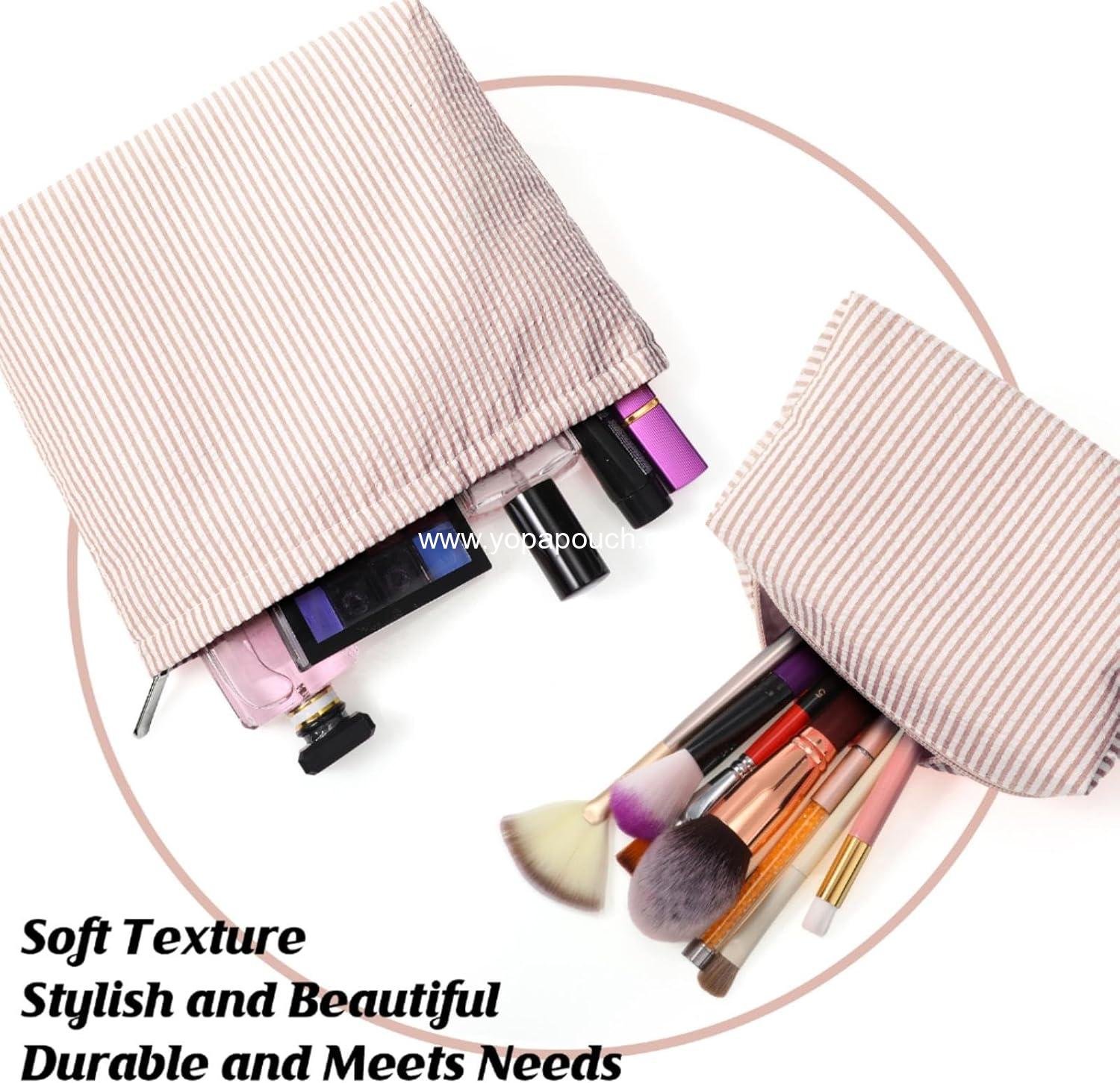Wholesale 2-Piece Makeup Bag Set Cute Cosmetic Pouch for Women Seersucker Travel Toiletry Organizer Preppy Small Makeup Purse Aesthetic Skincare Brushes Storage for Christmas (Khaki) Supplier