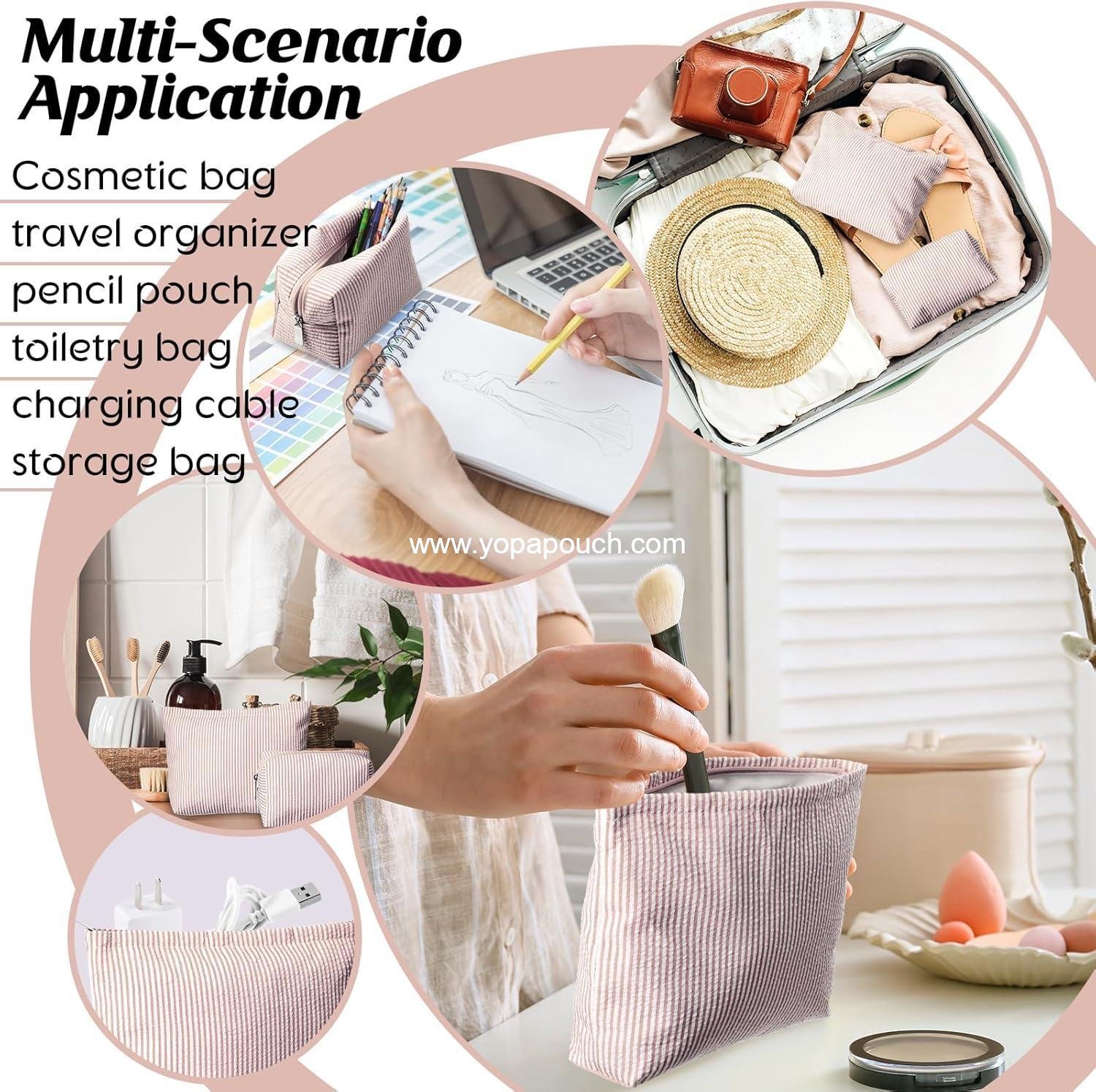 Wholesale 2-Piece Makeup Bag Set Cute Cosmetic Pouch for Women Seersucker Travel Toiletry Organizer Preppy Small Makeup Purse Aesthetic Skincare Brushes Storage for Christmas (Khaki) Supplier