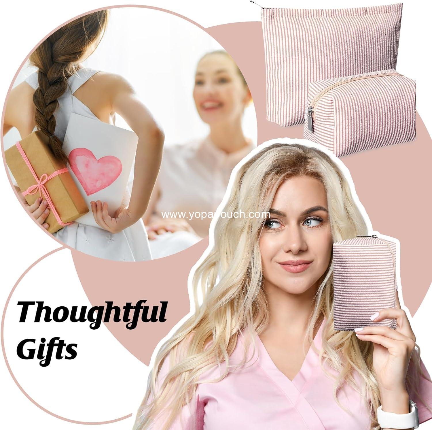 Wholesale 2-Piece Makeup Bag Set Cute Cosmetic Pouch for Women Seersucker Travel Toiletry Organizer Preppy Small Makeup Purse Aesthetic Skincare Brushes Storage for Christmas (Khaki) Supplier