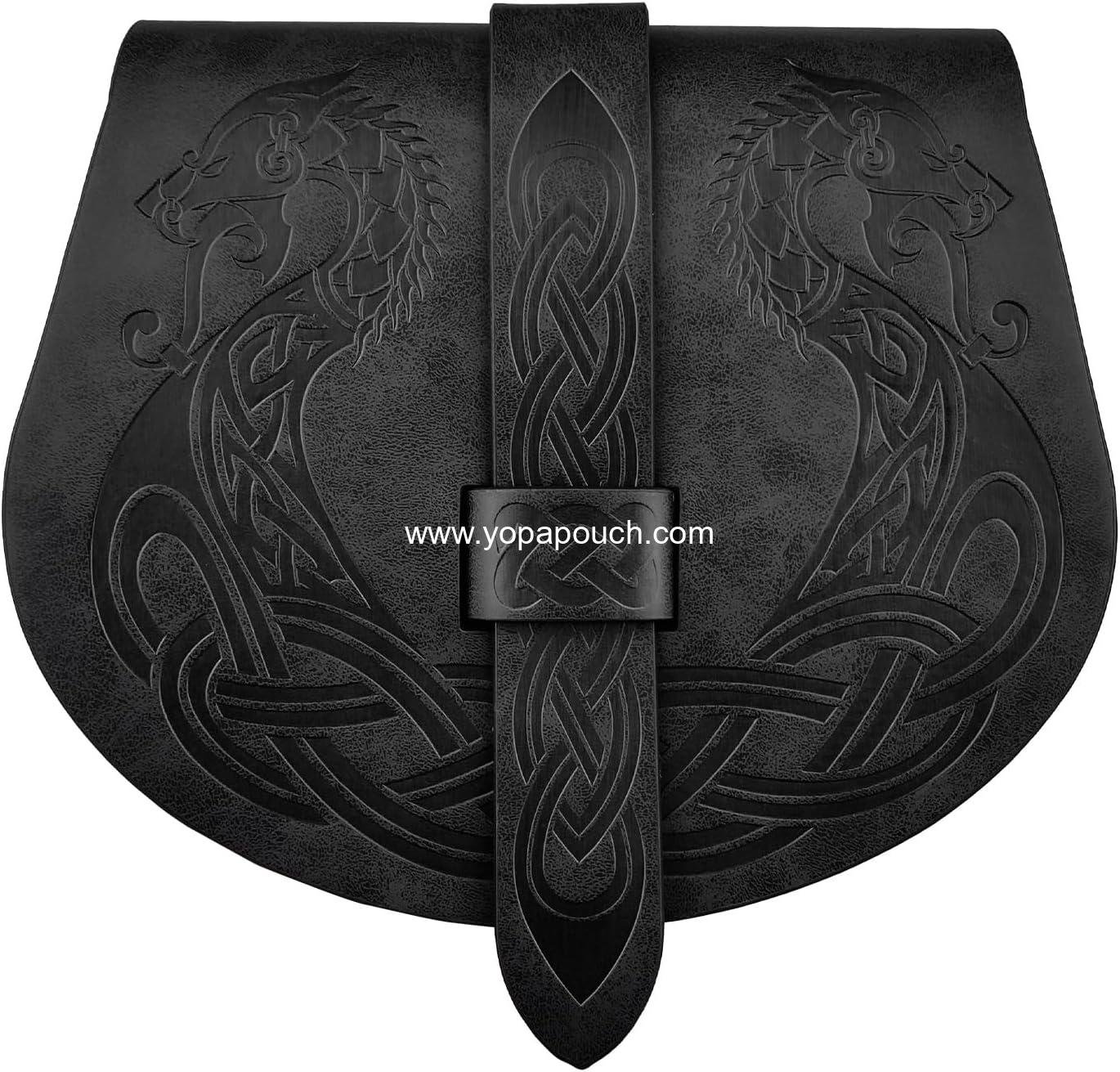 Wholesale Viking Embossed Langskip Belt Pouch, Medieval Faux Leather Flap Saddle Side Bag Purses, Retro Portable Belt Bag (Black A) - Supplier