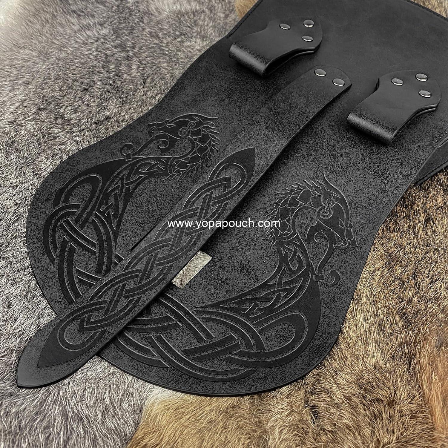 Wholesale Viking Embossed Langskip Belt Pouch, Medieval Faux Leather Flap Saddle Side Bag Purses, Retro Portable Belt Bag (Black A) - Supplier