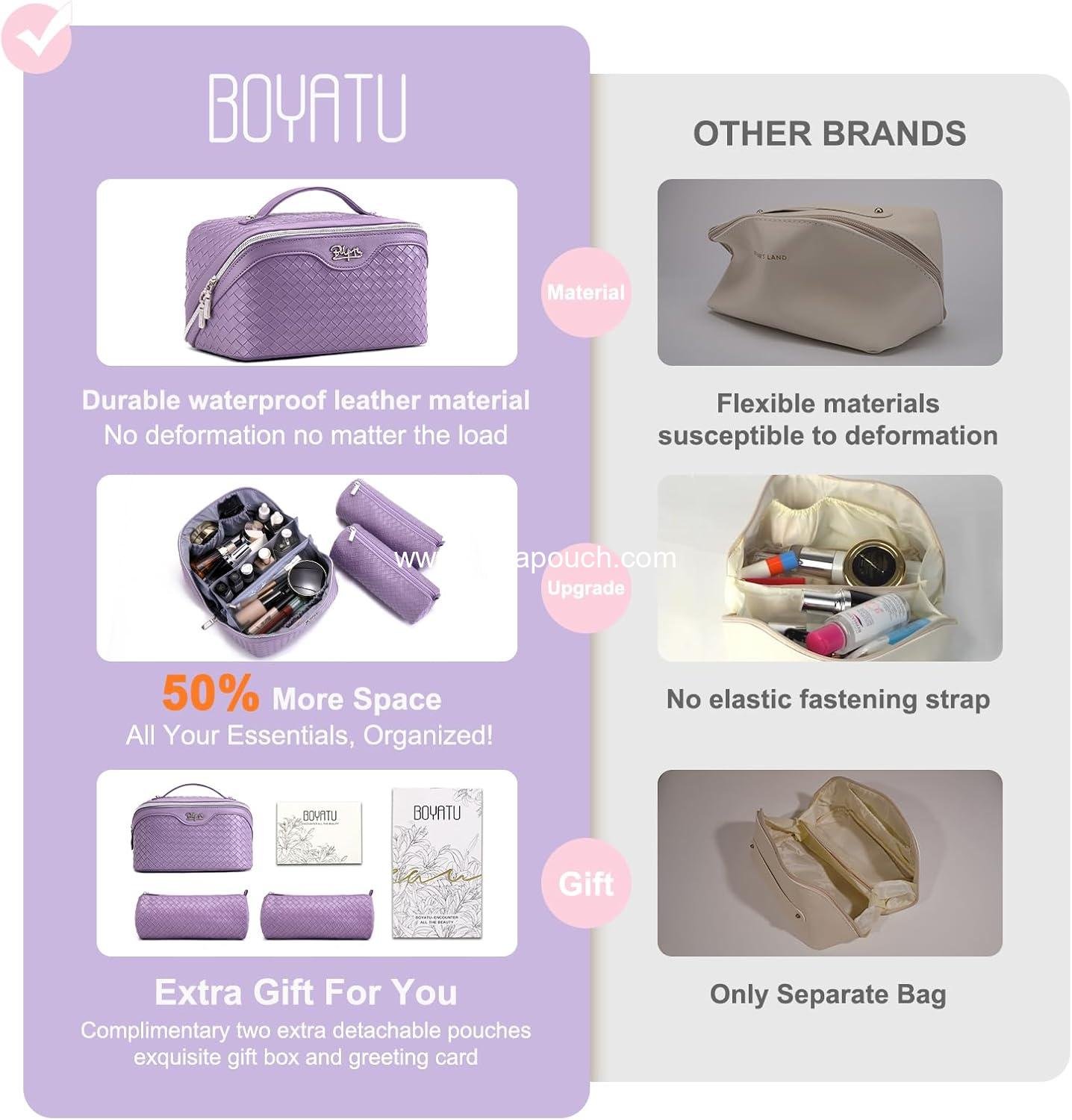 Wholesale Large Capacity Travel Makeup Bag Set - 3 Pcs with Compartments, Waterproof Vegan Leather Toiletry Organizer with Handle (L01 Purple) - Supplier