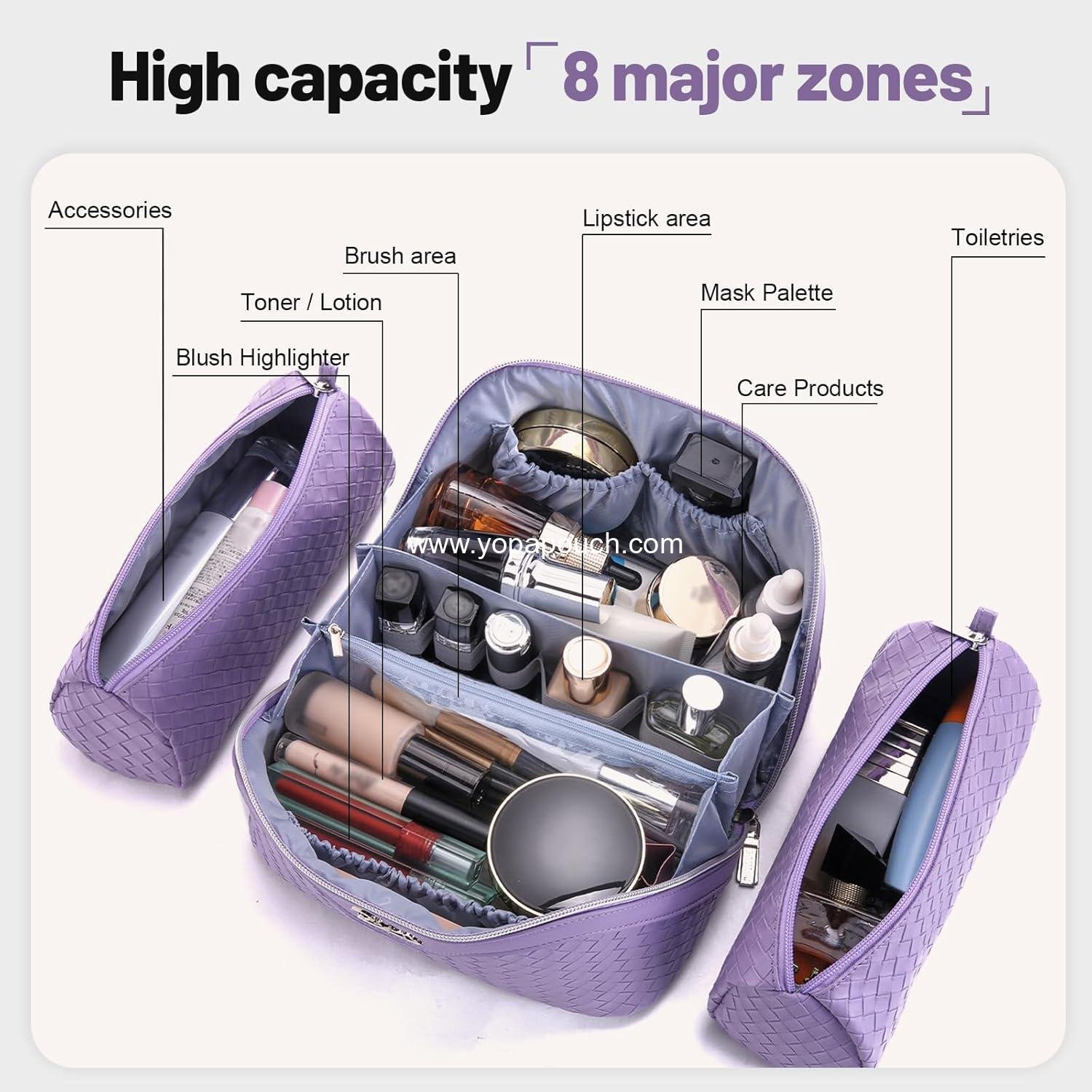 Wholesale Large Capacity Travel Makeup Bag Set - 3 Pcs with Compartments, Waterproof Vegan Leather Toiletry Organizer with Handle (L01 Purple) - Supplier