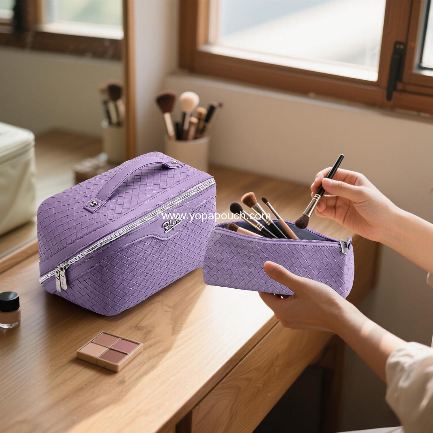 Wholesale Large Capacity Travel Makeup Bag Set - 3 Pcs with Compartments, Waterproof Vegan Leather Toiletry Organizer with Handle (L01 Purple) - Supplier