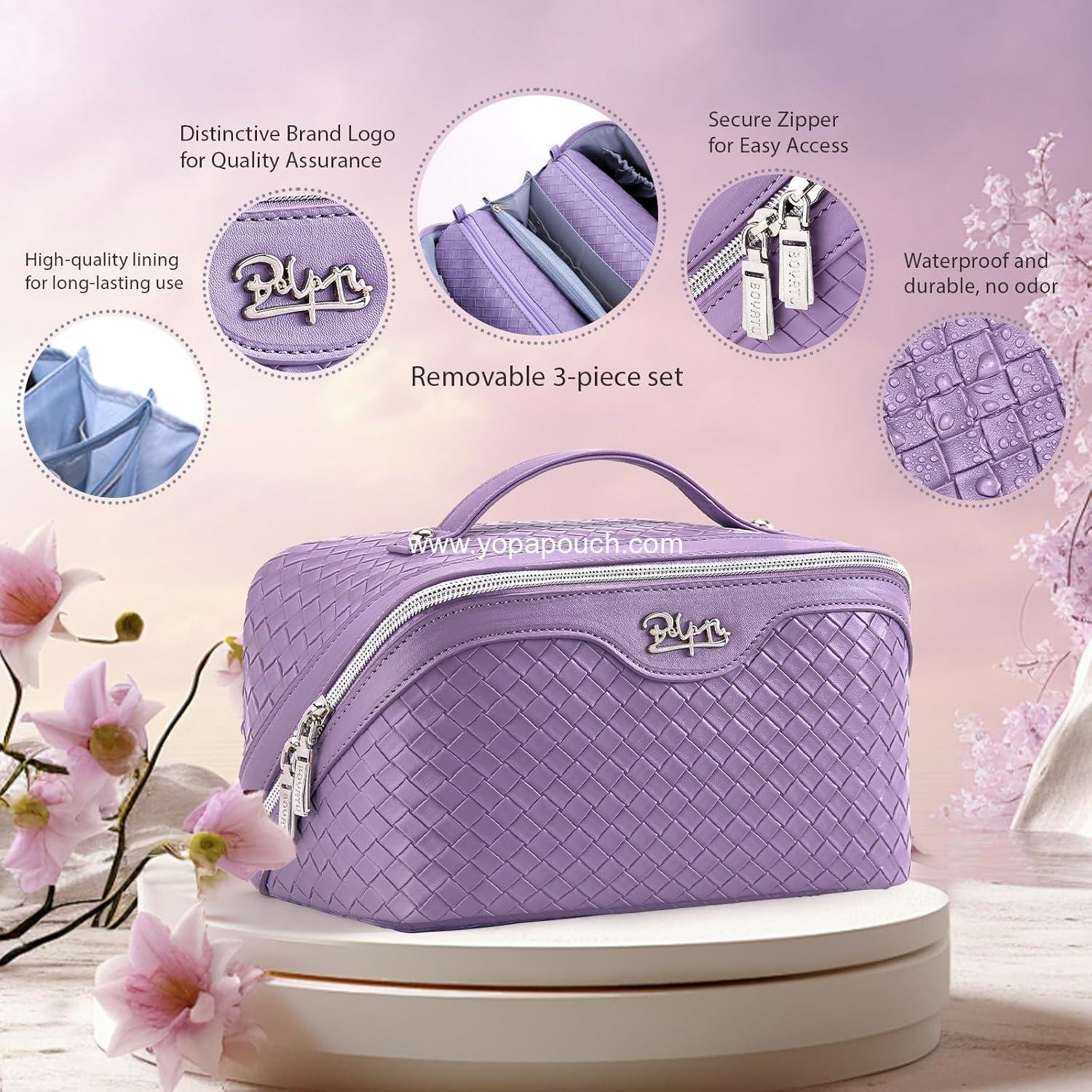 Wholesale Large Capacity Travel Makeup Bag Set - 3 Pcs with Compartments, Waterproof Vegan Leather Toiletry Organizer with Handle (L01 Purple) - Supplier