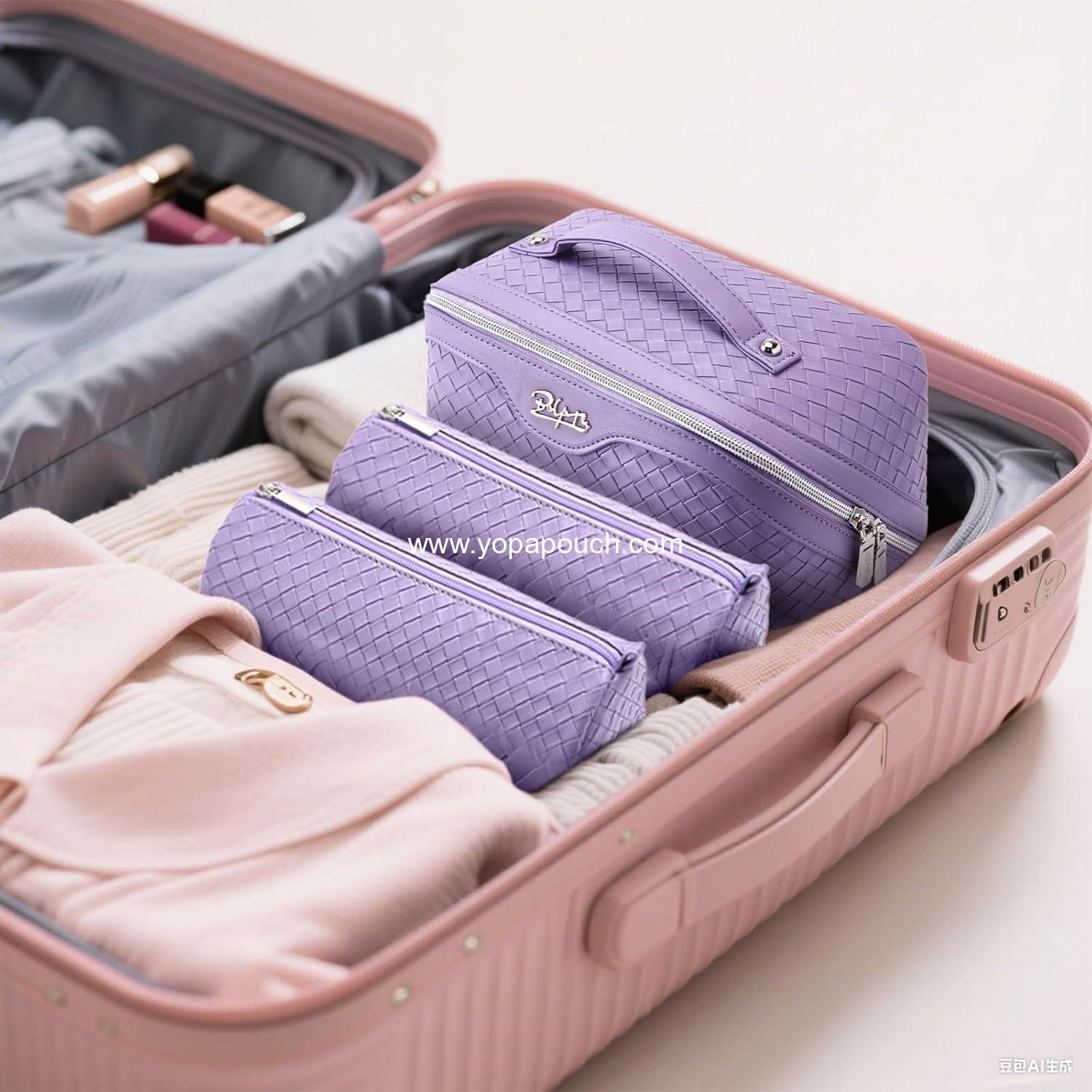 Wholesale Large Capacity Travel Makeup Bag Set - 3 Pcs with Compartments, Waterproof Vegan Leather Toiletry Organizer with Handle (L01 Purple) - Supplier