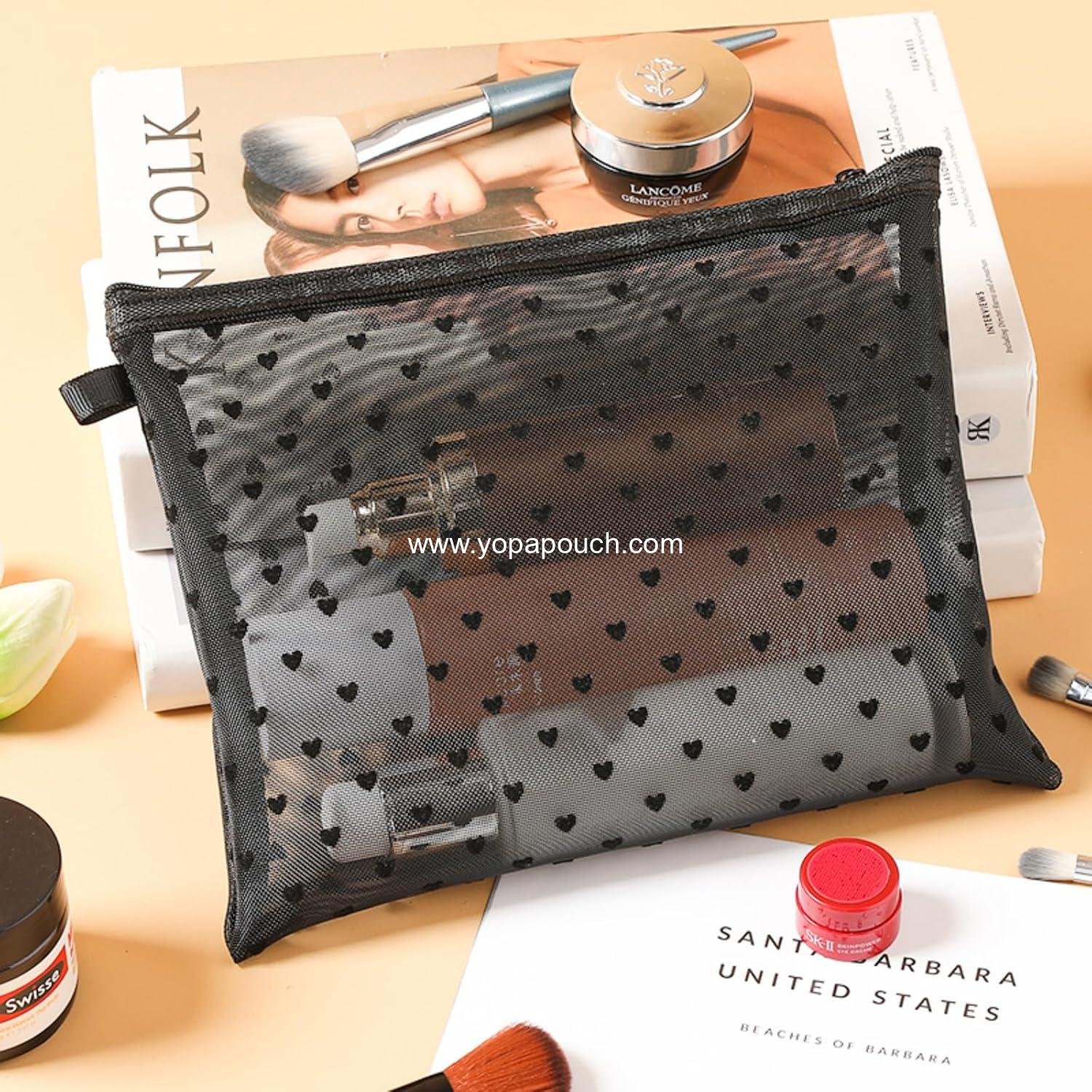 Wholesale 4-Piece Heart Printed Mesh Makeup Bag Set - Portable Travel Cosmetic and Toiletry Pouches with Zipper Storage for Home and Travel Accessories (Black) Supplier