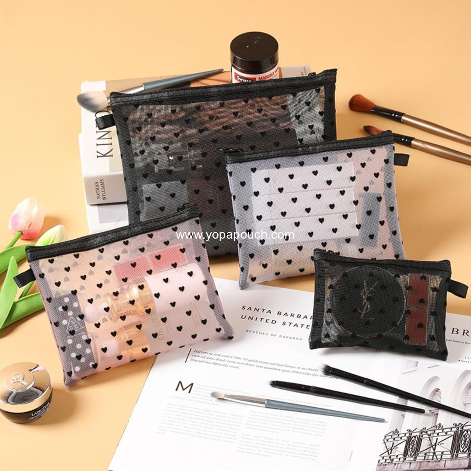 Wholesale 4-Piece Heart Printed Mesh Makeup Bag Set - Portable Travel Cosmetic and Toiletry Pouches with Zipper Storage for Home and Travel Accessories (Black) Supplier