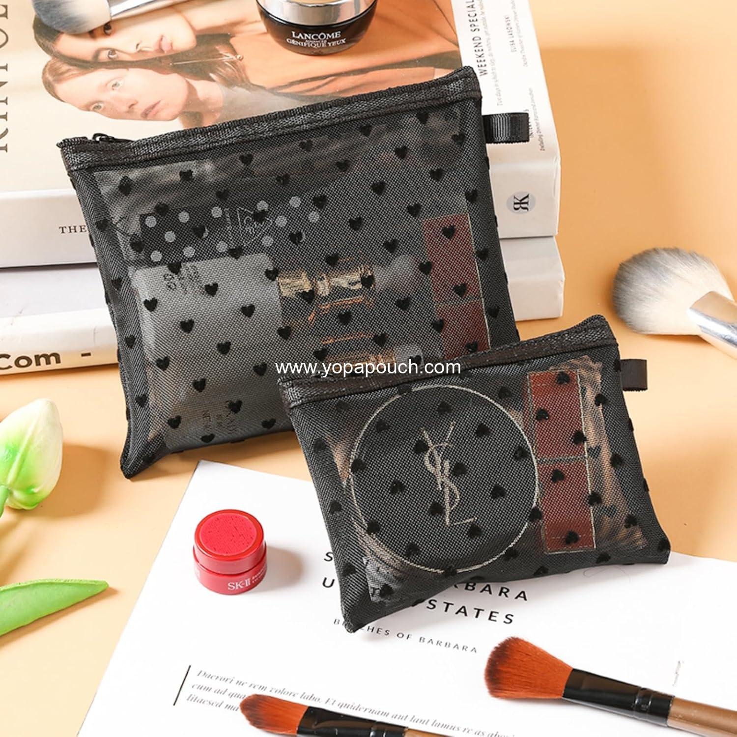 Wholesale 4-Piece Heart Printed Mesh Makeup Bag Set - Portable Travel Cosmetic and Toiletry Pouches with Zipper Storage for Home and Travel Accessories (Black) Supplier