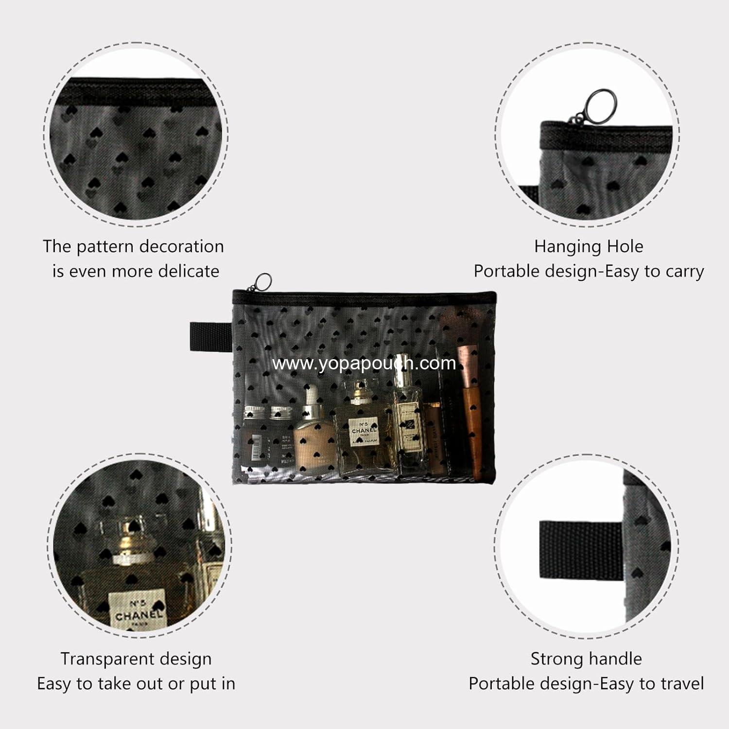 Wholesale 4-Piece Heart Printed Mesh Makeup Bag Set - Portable Travel Cosmetic and Toiletry Pouches with Zipper Storage for Home and Travel Accessories (Black) Supplier