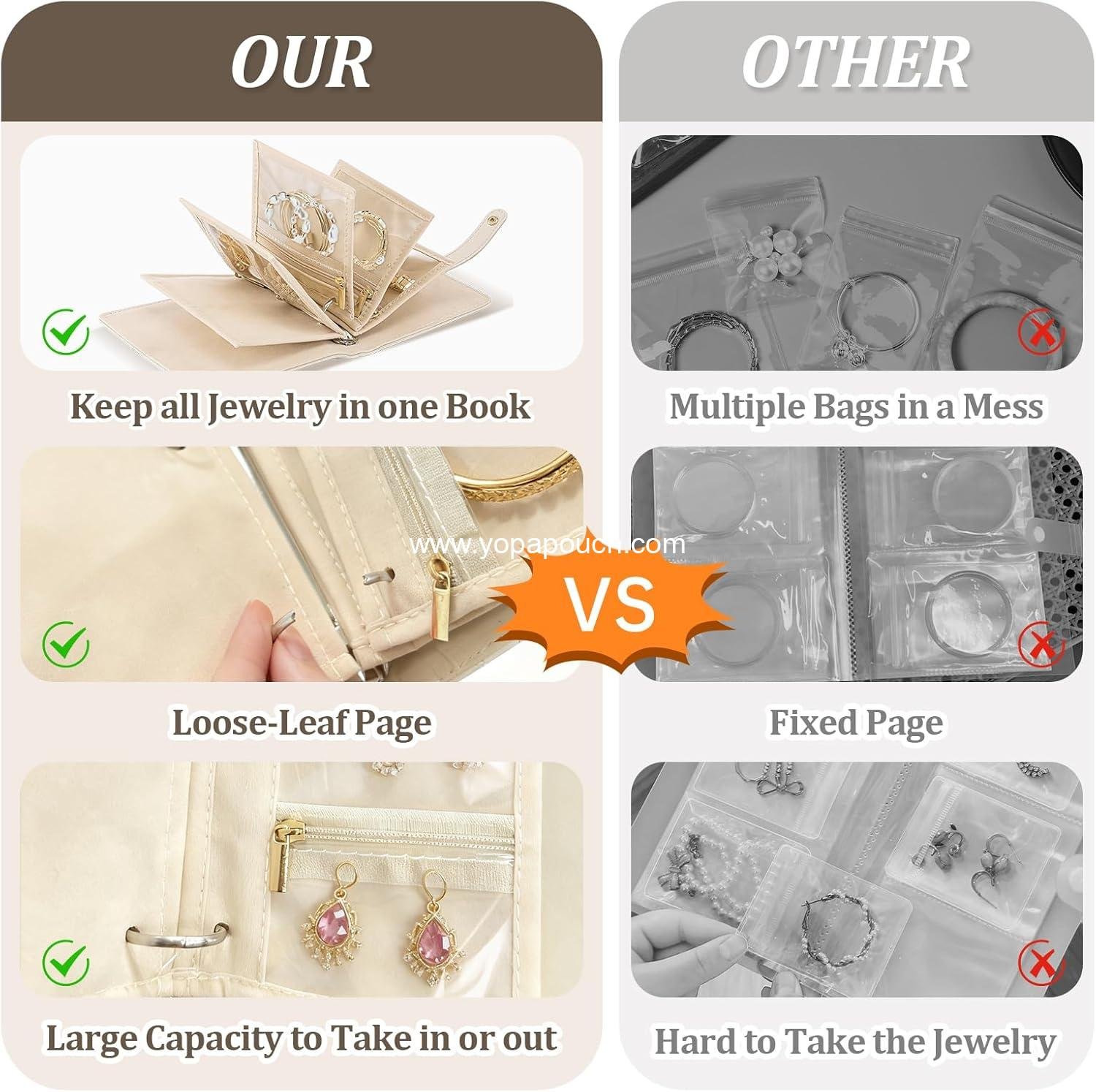 Wholesale Velvet Travel Jewelry Organizer Book with Zipper Pouches – Anti-Tarnish Scratch-Proof Storage for Rings, Necklaces, Earrings, Bracelets – Portable Soft Case for Women (White) Supplier