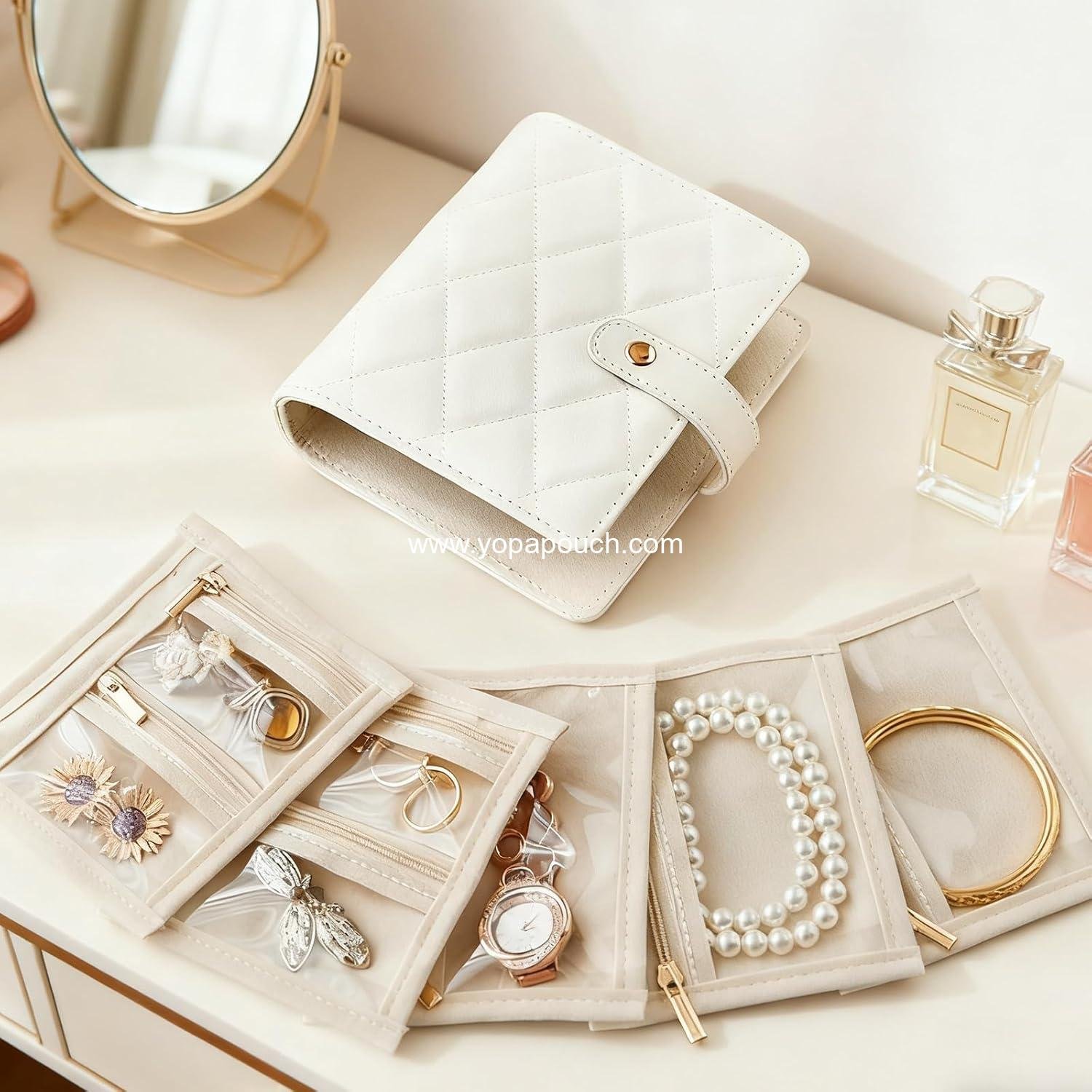 Wholesale Velvet Travel Jewelry Organizer Book with Zipper Pouches – Anti-Tarnish Scratch-Proof Storage for Rings, Necklaces, Earrings, Bracelets – Portable Soft Case for Women (White) Supplier