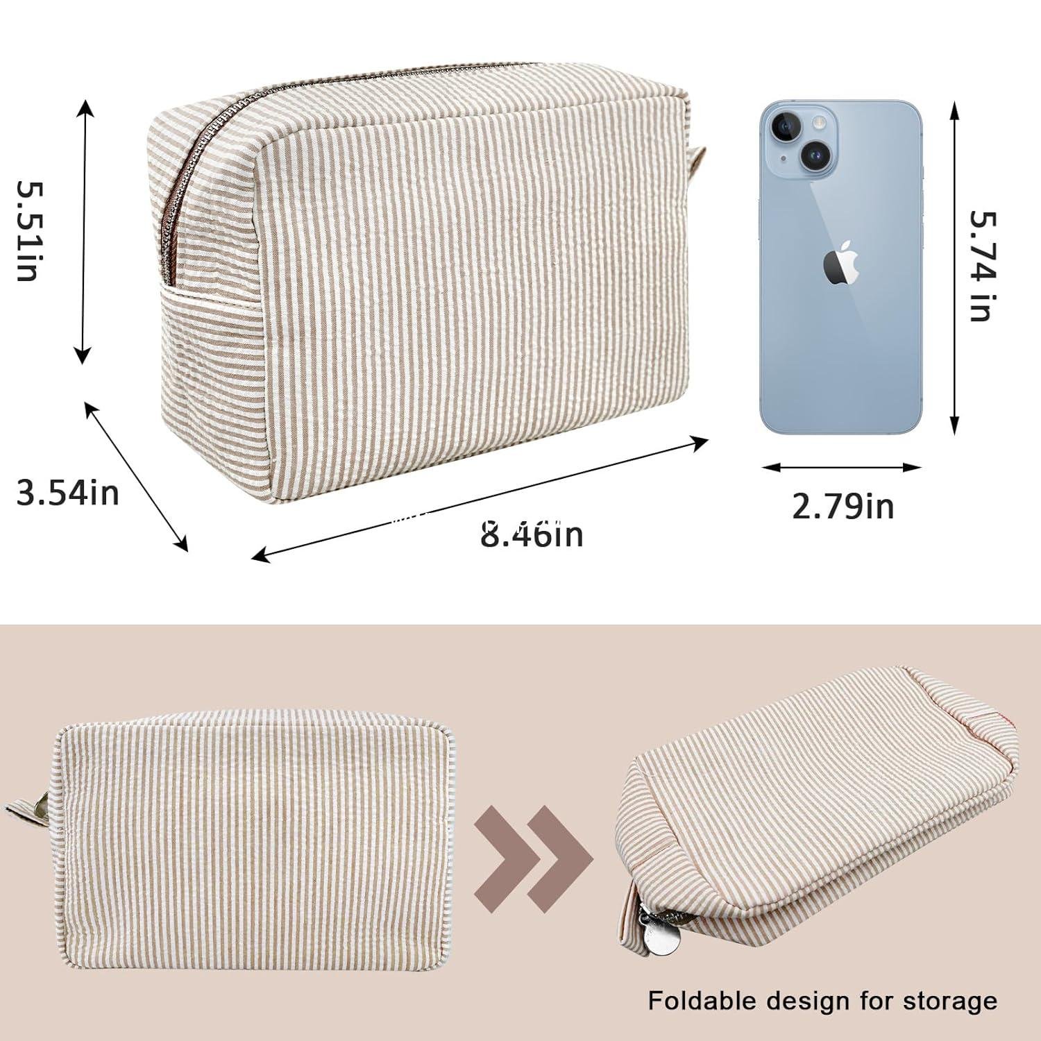 Wholesale Seersucker Cosmetic Bag for Women, Travel Toiletry Stripe Makeup Pouch, Large Aesthetic Organizer Storage, Girls Handbags Purses, factory