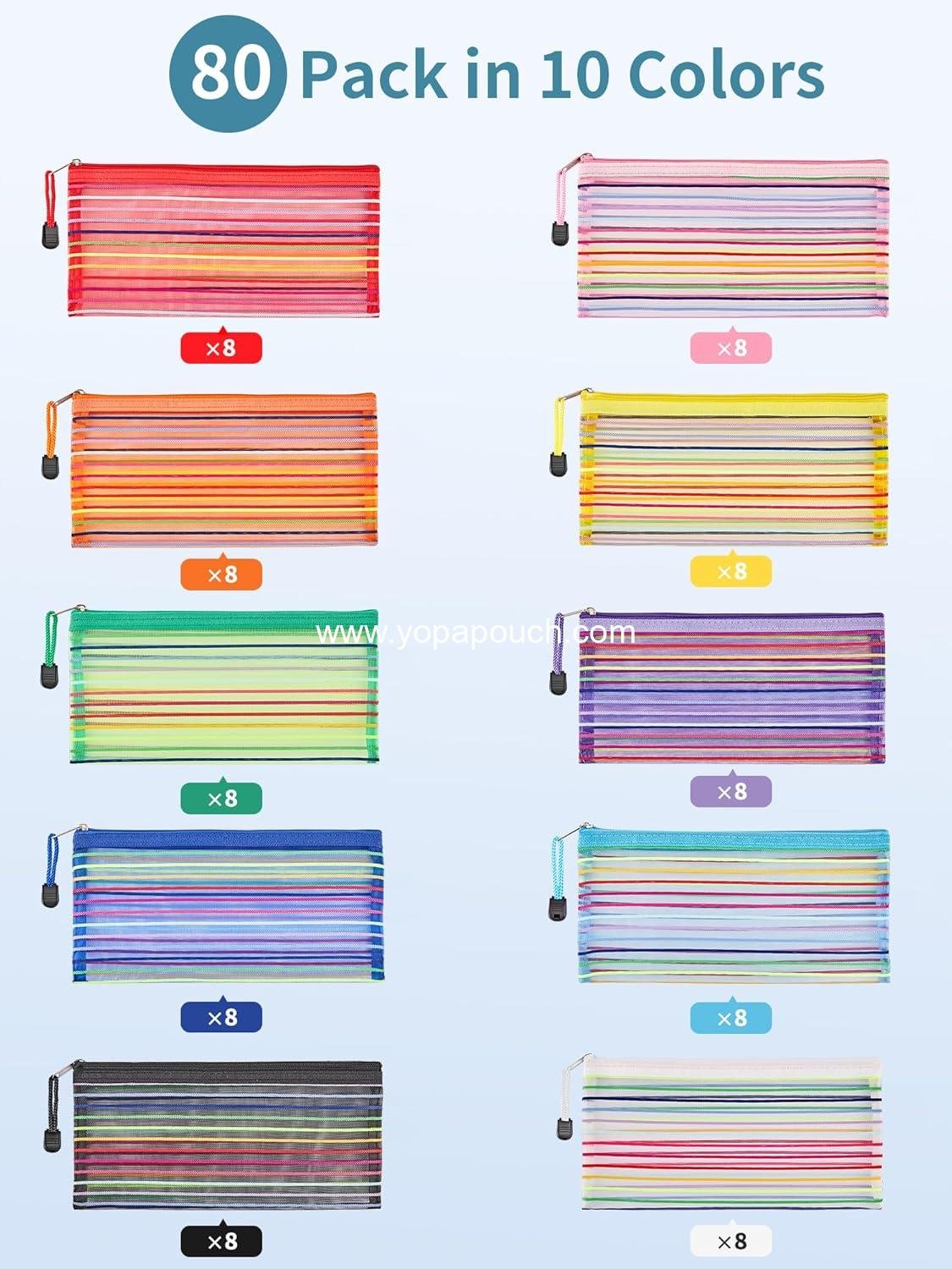 Wholesale 80 Pack Mesh Zipper Pouch, 10 Color Variety Multipurpose Storage Bags for Organizing Makeup, Travel Accessories, Office and School Supplies - Supplier