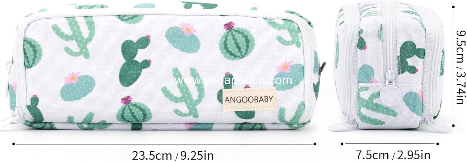 Wholesale Large Pencil Case Big Capacity 3 Compartments Canvas Pouch for Teen Boys Girls School Students (Green Cactus) - Manufacturer