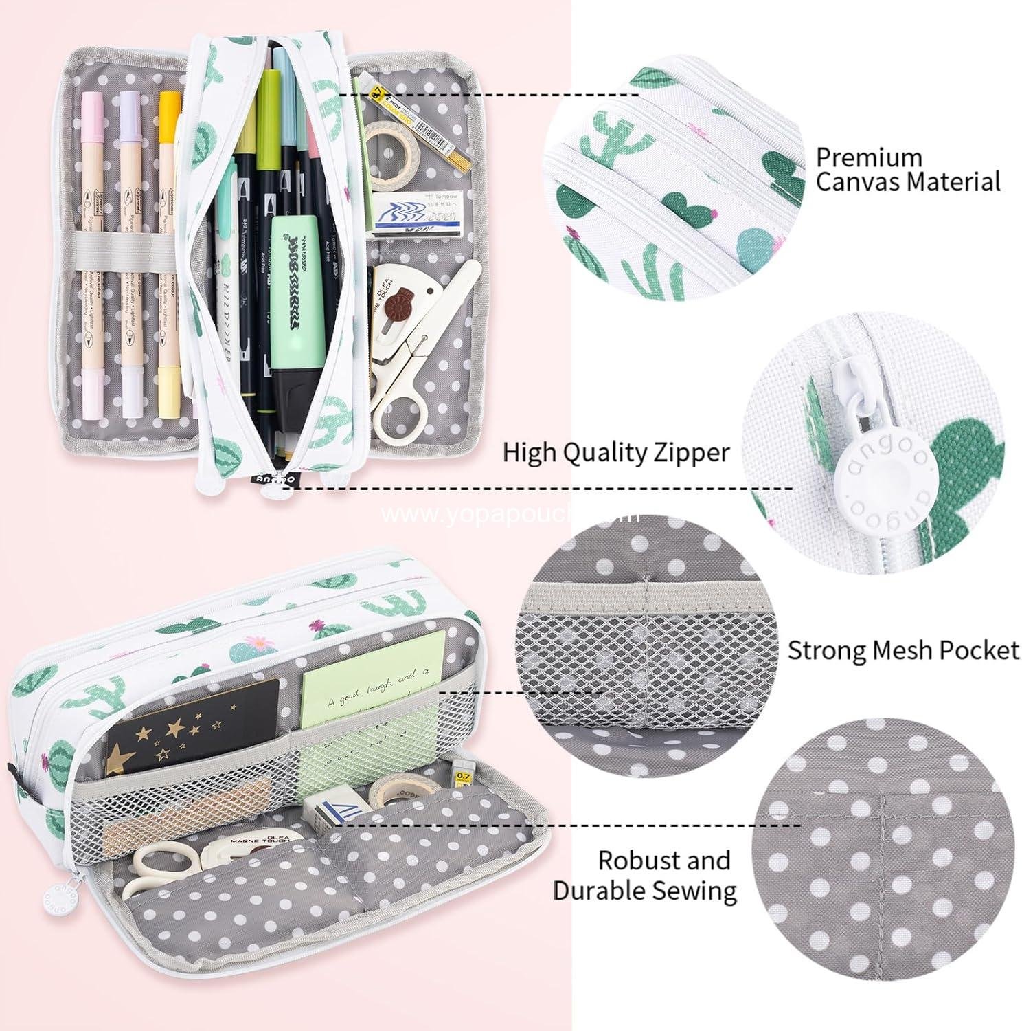 Wholesale Large Pencil Case Big Capacity 3 Compartments Canvas Pouch for Teen Boys Girls School Students (Green Cactus) - Manufacturer