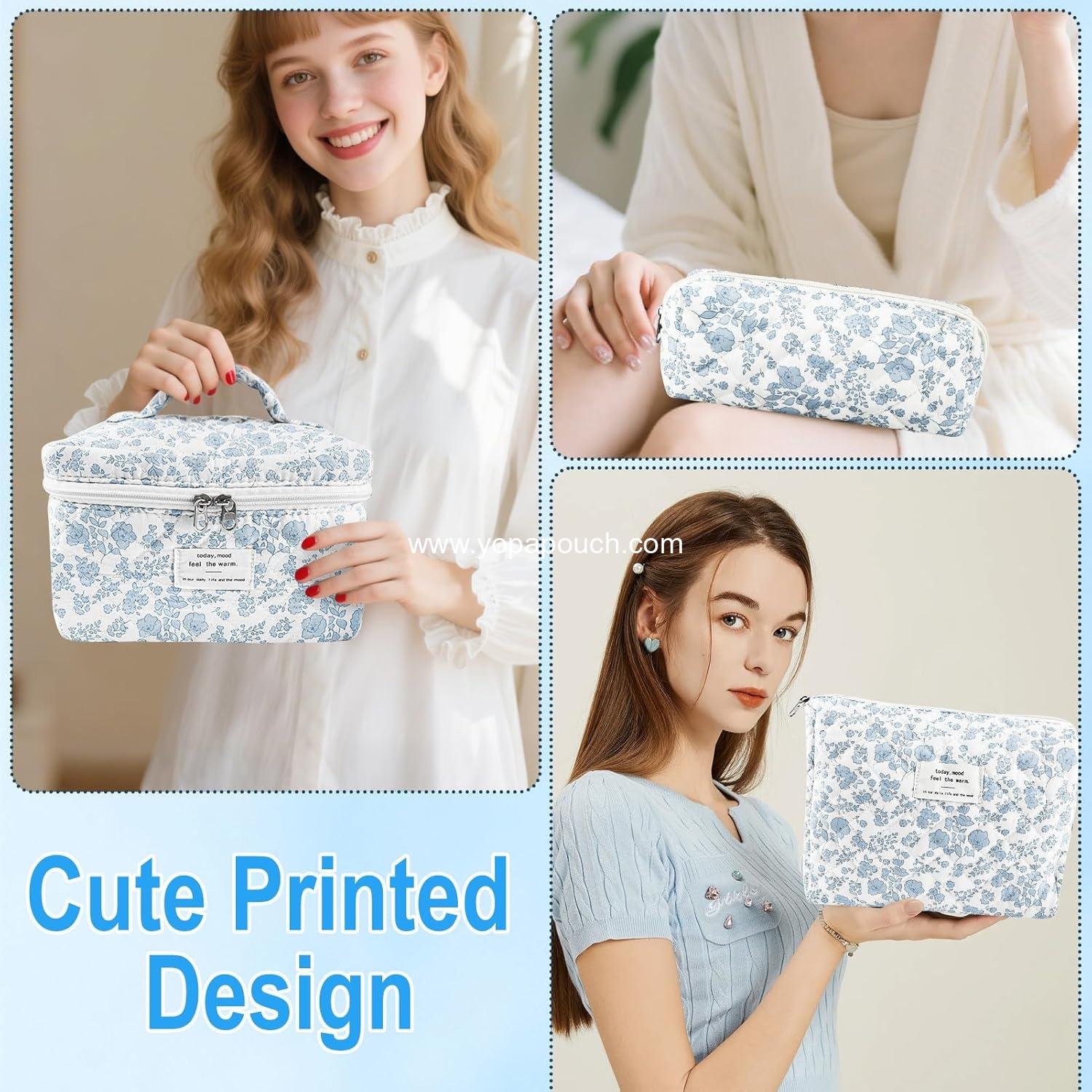 Wholesale 3Pcs Quilted Makeup Bag Set - Large Cute Portable Cotton Cosmetic Pouch for Women, Toiletry Organizer, Skincare Essentials - Supplier