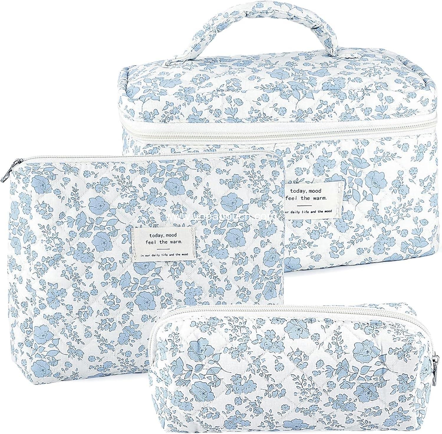 Wholesale 3Pcs Quilted Makeup Bag Set - Large Cute Portable Cotton Cosmetic Pouch for Women, Toiletry Organizer, Skincare Essentials - Supplier