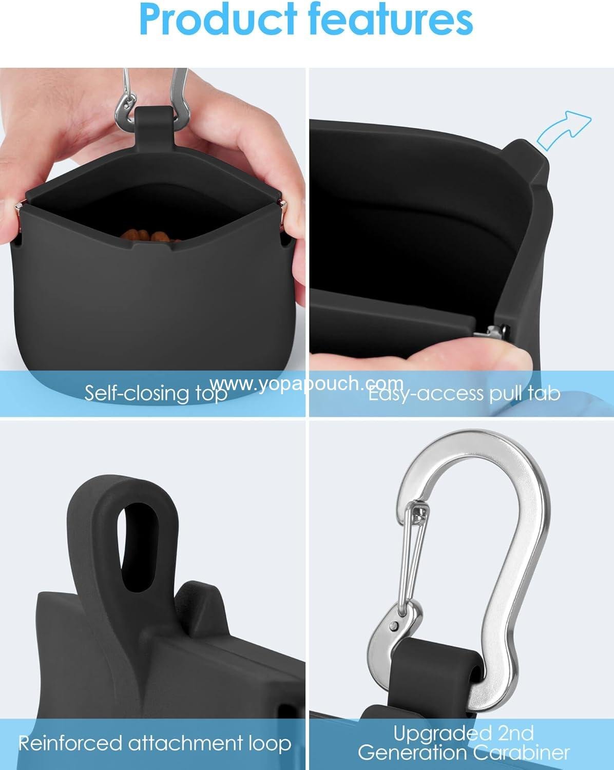 Wholesale One-Hand Access Silicone Dog Treat Pouch, Pocket-Sized Training Pouch with Pull Tab & Auto Closing Lid for Easy Pet Training & Walking (Small, Black) Supplier