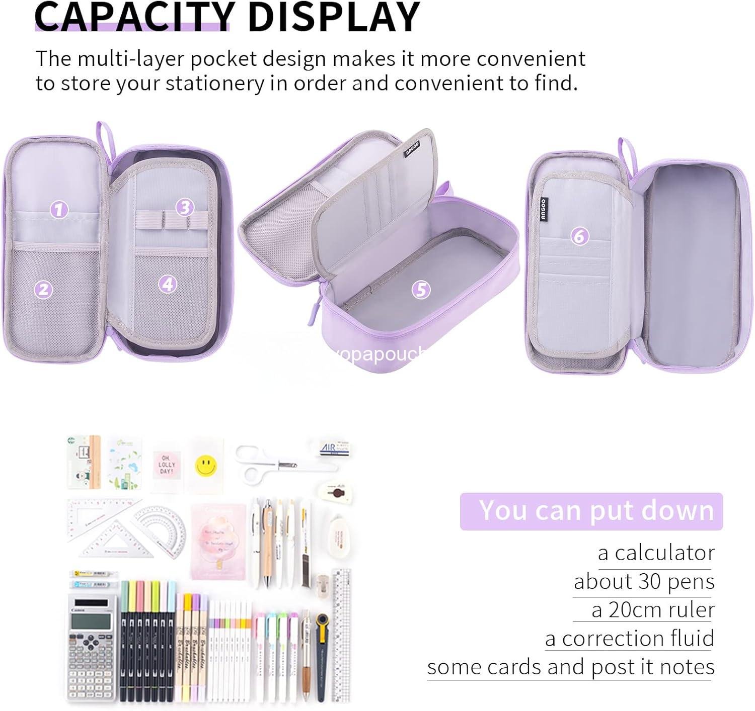 Wholesale Durable Large Capacity Pen Pencil Case for School Office College Supplies, Purple, Supplier