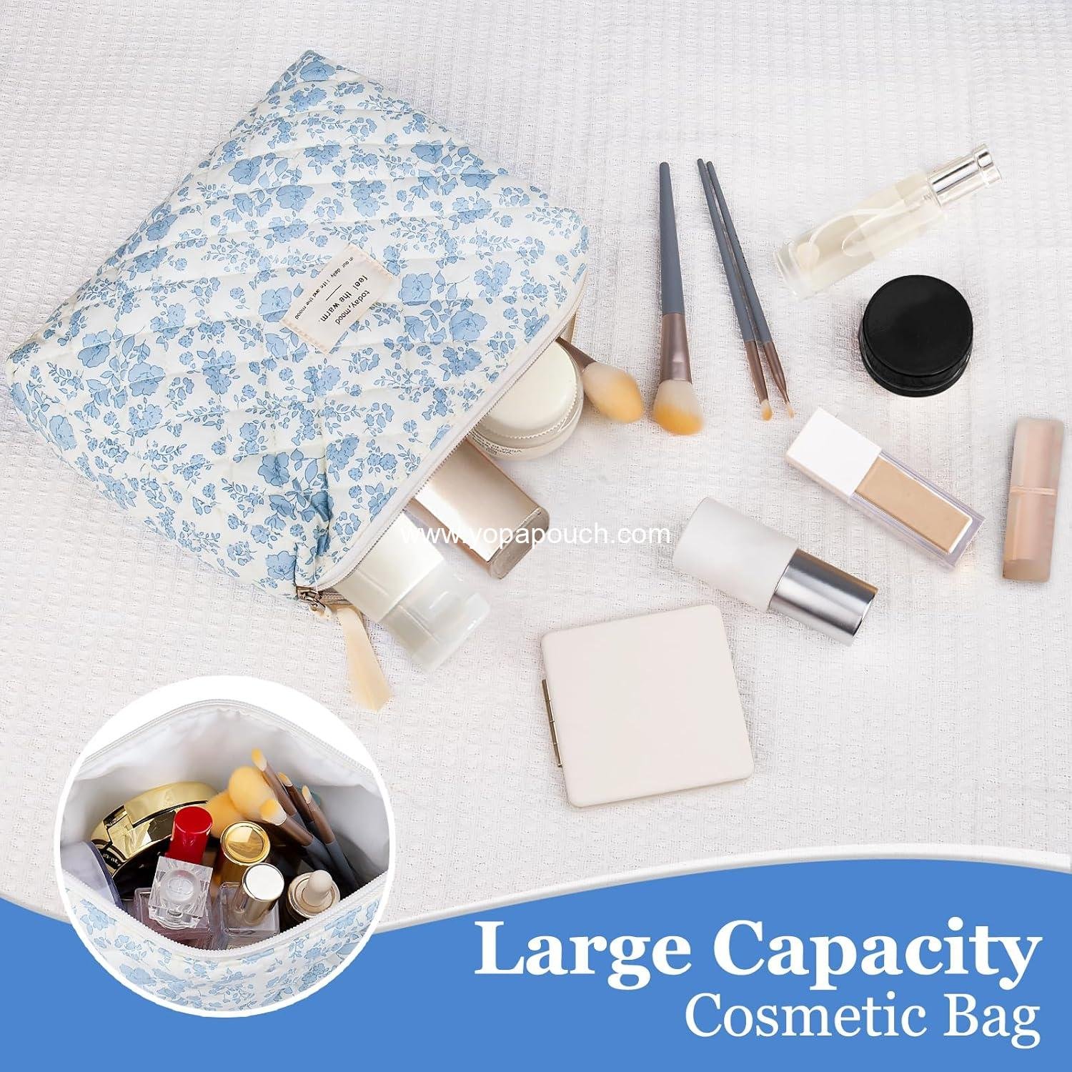 Wholesale Floral Makeup Bag, Large Cosmetic Pouch for Women and Girls, Cute Cotton Quilted Organizer for Travel Toiletries (Blue Floral) Supplier