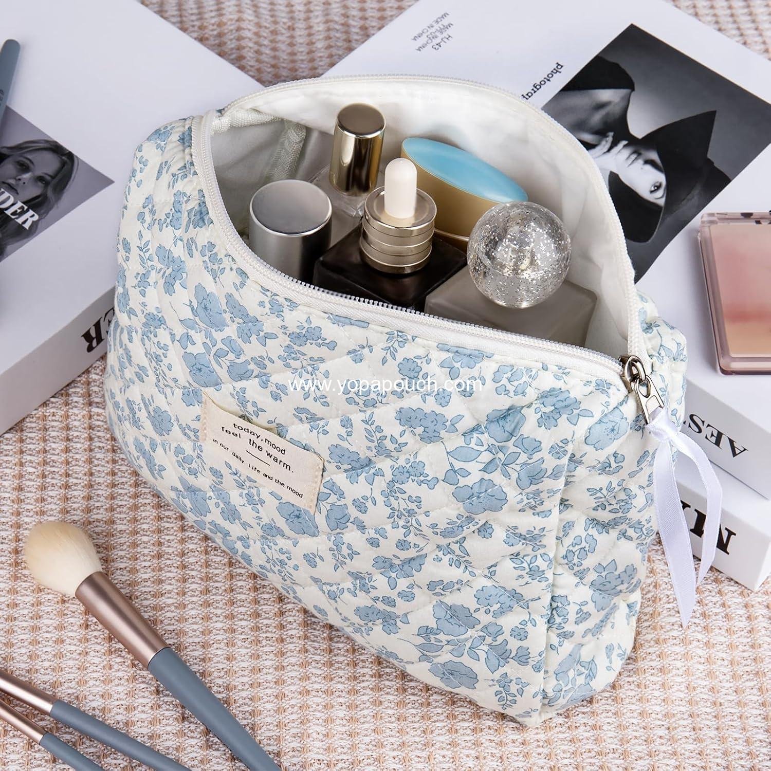 Wholesale Floral Makeup Bag, Large Cosmetic Pouch for Women and Girls, Cute Cotton Quilted Organizer for Travel Toiletries (Blue Floral) Supplier