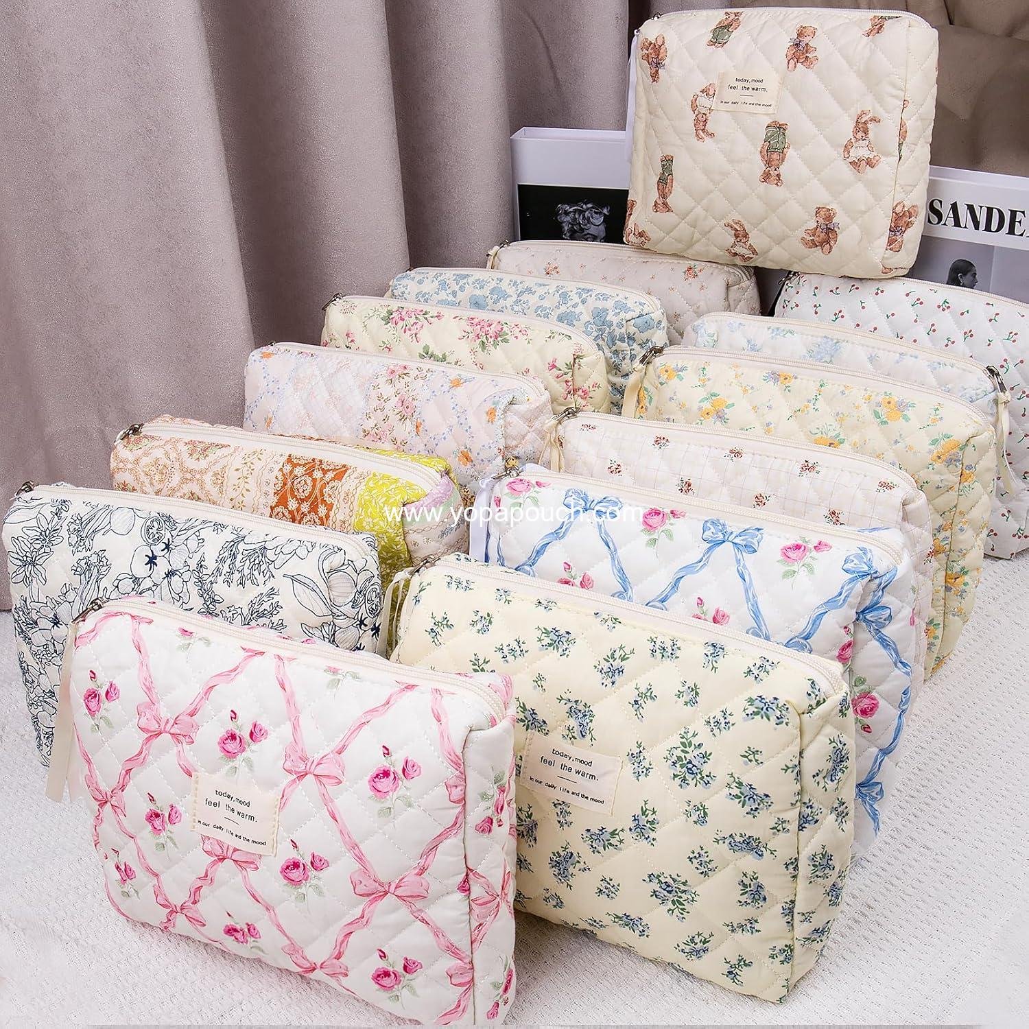 Wholesale Floral Makeup Bag, Large Cosmetic Pouch for Women and Girls, Cute Cotton Quilted Organizer for Travel Toiletries (Blue Floral) Supplier