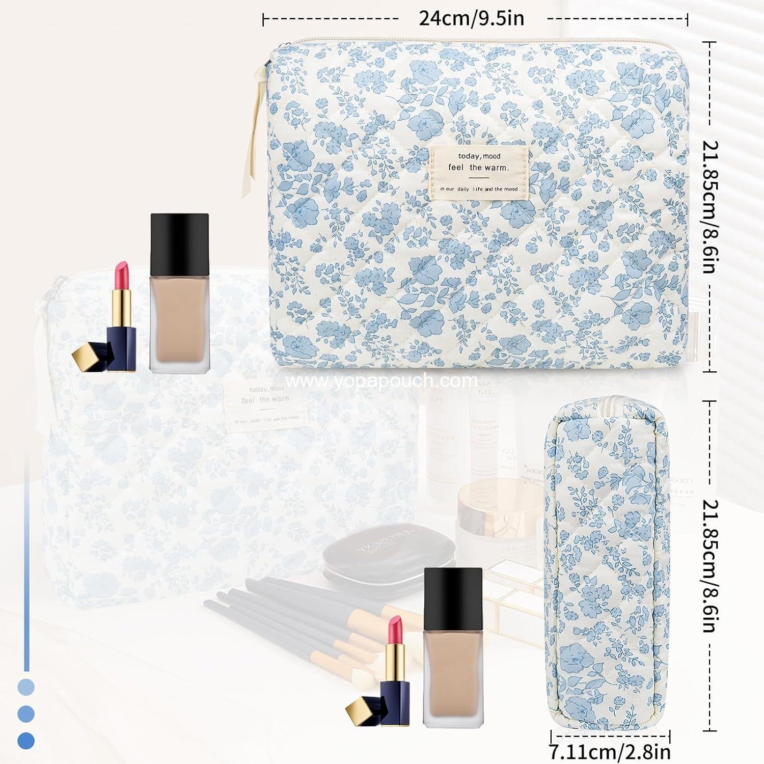 Wholesale Floral Makeup Bag, Large Cosmetic Pouch for Women and Girls, Cute Cotton Quilted Organizer for Travel Toiletries (Blue Floral) Supplier