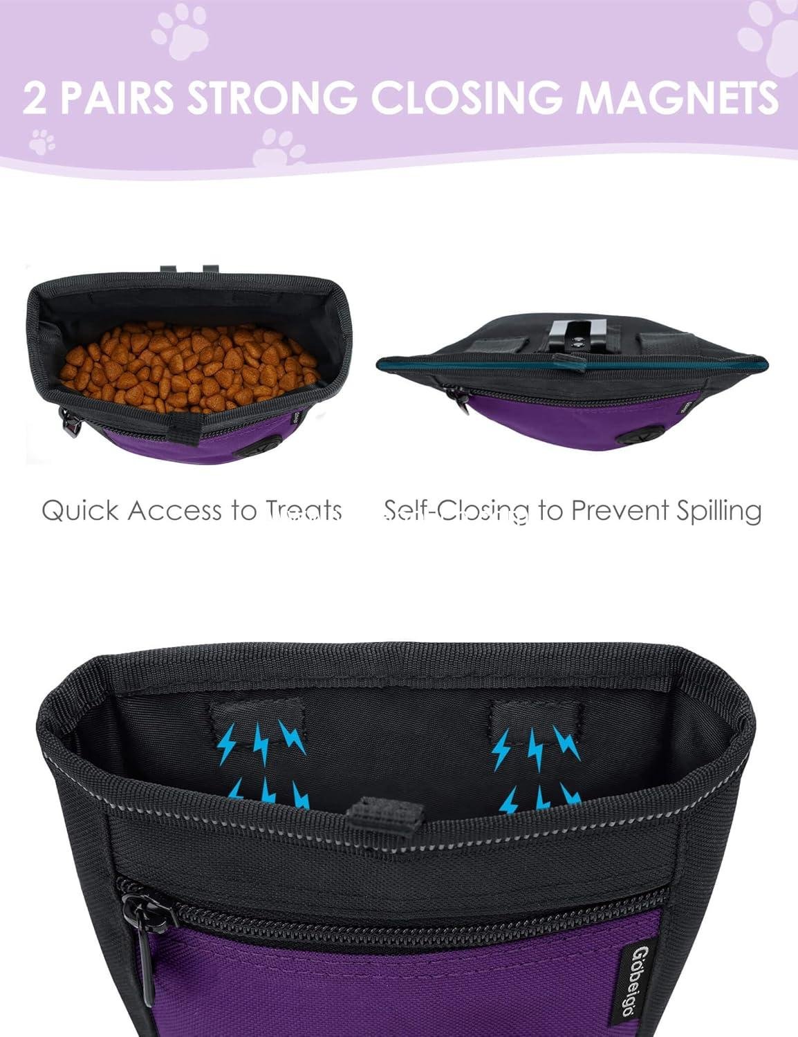 Wholesale Dog Treat Pouch with Training Clicker, Upgraded Two Magnetic Closure to Prevent Spills, 2-Cup Treat Bag with Poop Bag Dispenser, Metal Clip Waist Belt Fanny Pack for Pet Walk (Black/Purple) Supplier