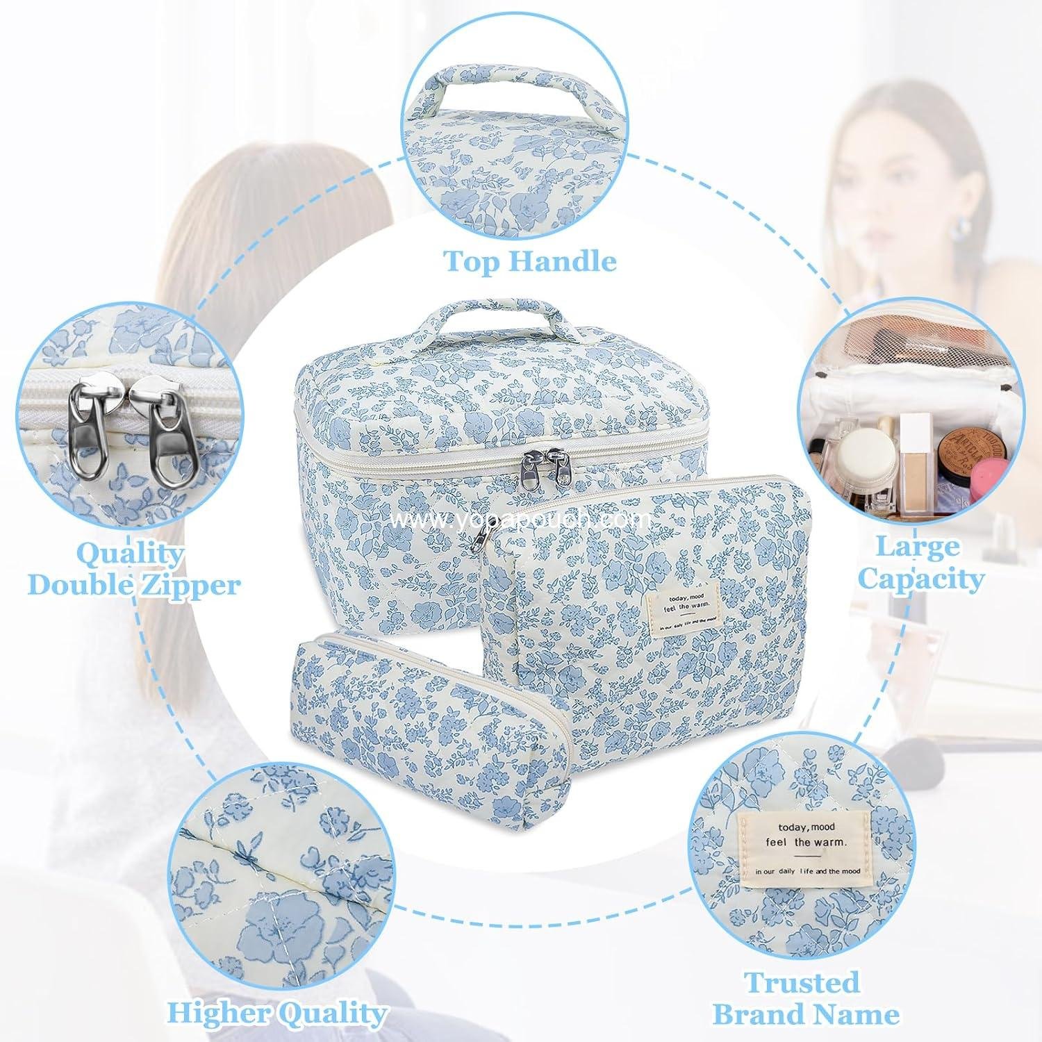 Wholesale Large Quilted Floral Makeup Bag for Women and Girls, Cute Cotton Cosmetic Organizer Set, Flower Travel Toiletry Bag (Blue Flower) - Supplier