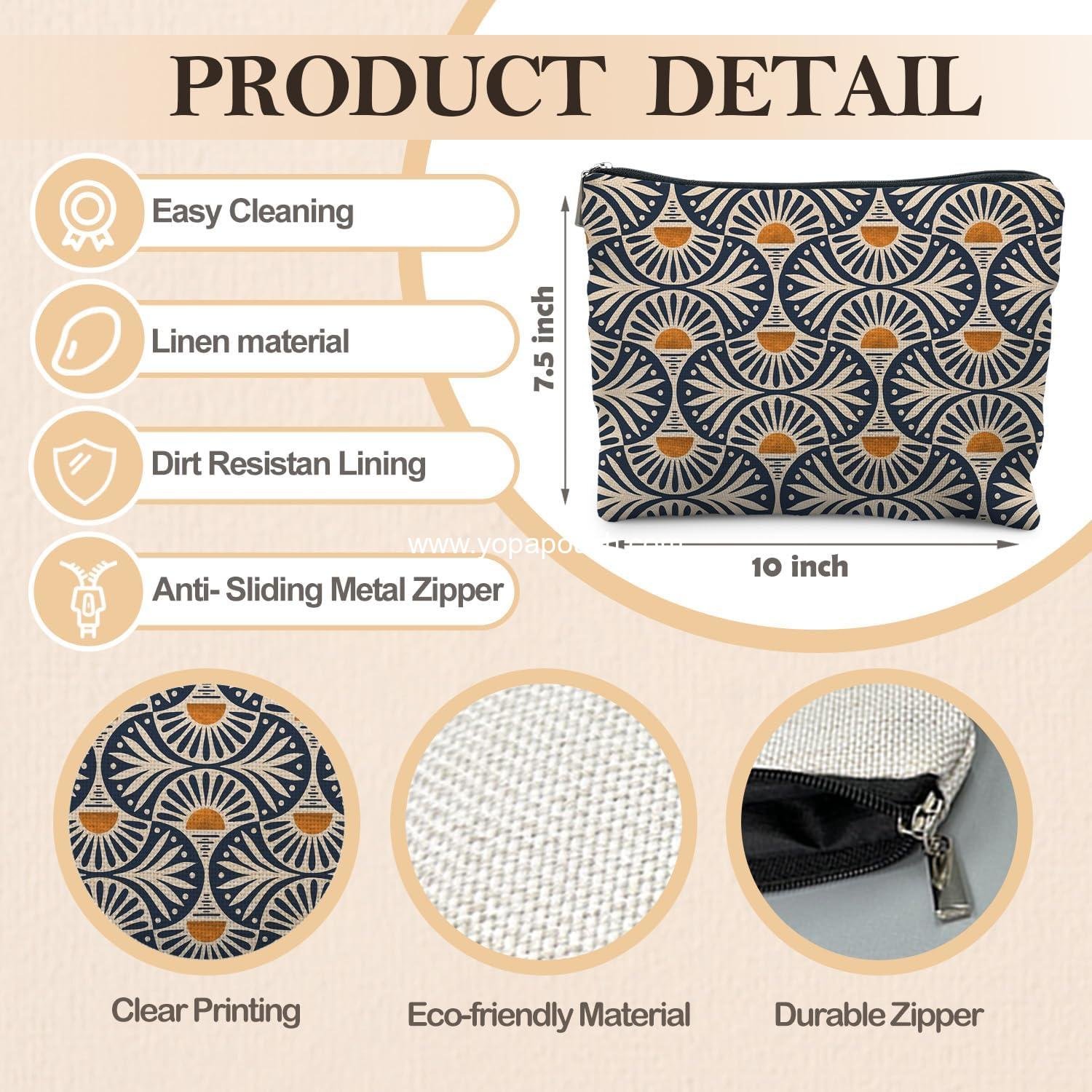 Wholesale Boho Makeup Bag for Women, Sunset Leaf Aesthetic Pouch, 9x6 inches - Supplier