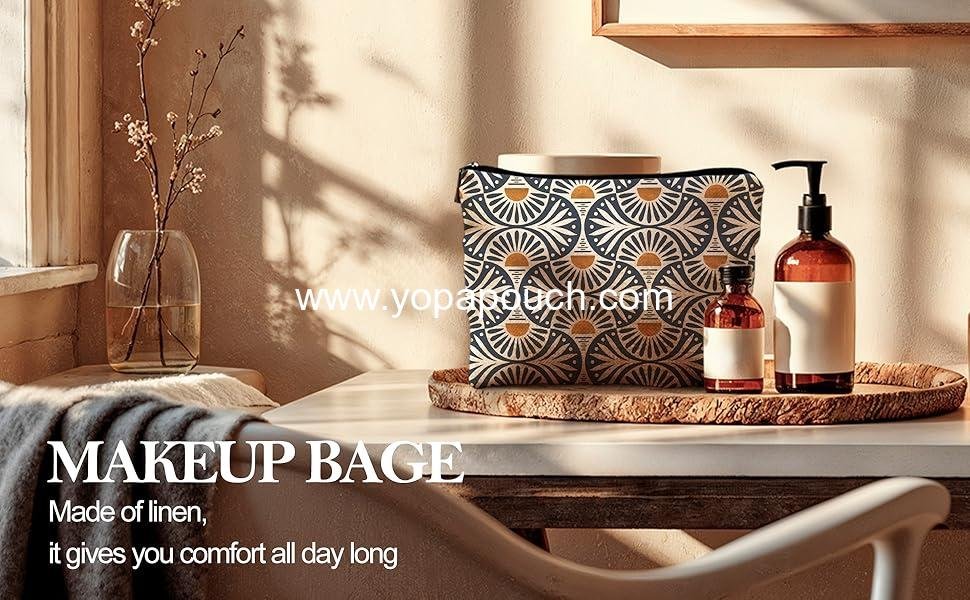 Wholesale Boho Makeup Bag for Women, Sunset Leaf Aesthetic Pouch, 9x6 inches - Supplier